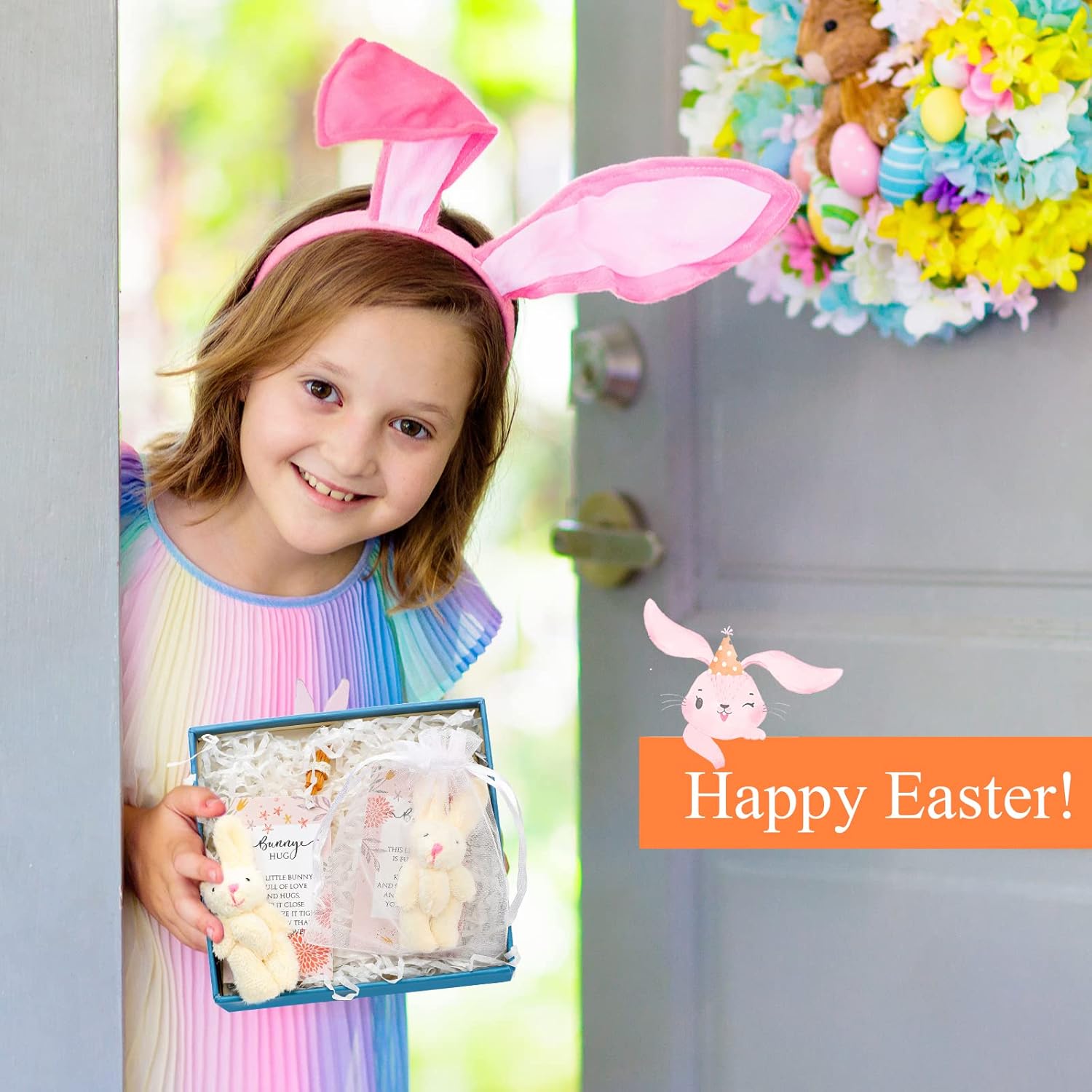 Fuutreo 24 Sets Bunny Stuffed Animal Gift Easter Decorations Mini Plush Bunny Stuffed with Thank You Hug Cards Organza Bags for Easter Employee Teacher Students Birthday Party Favors(Pink Nose Bunny)