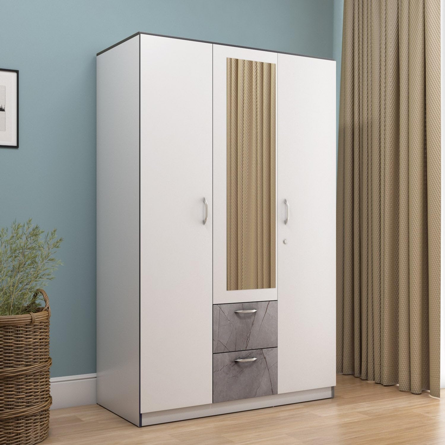 Nilkamal Marbito 3-Door Wooden Wardrobe with Mirror for Bedroom|Engineered Wood Build|Clothes Cupboard|2 Drawers with Marble Finish|Hanging Rod, A Lockable Drawer & 8 Shelves for Storage|Frosty White