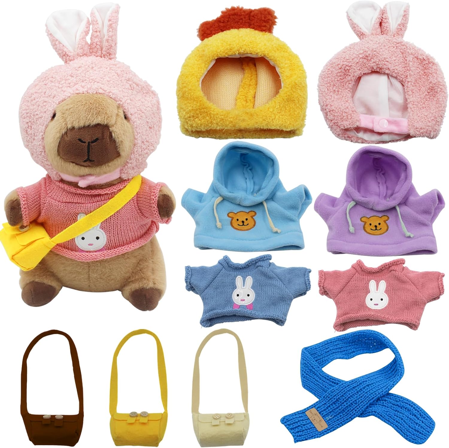 Capybara Plush with 12 Pcs Clothes & Accessories,11 in Cute Capybara Stuffed Animal Plush Toys Dress Up Cute Plushies for Girls Valentines Gift