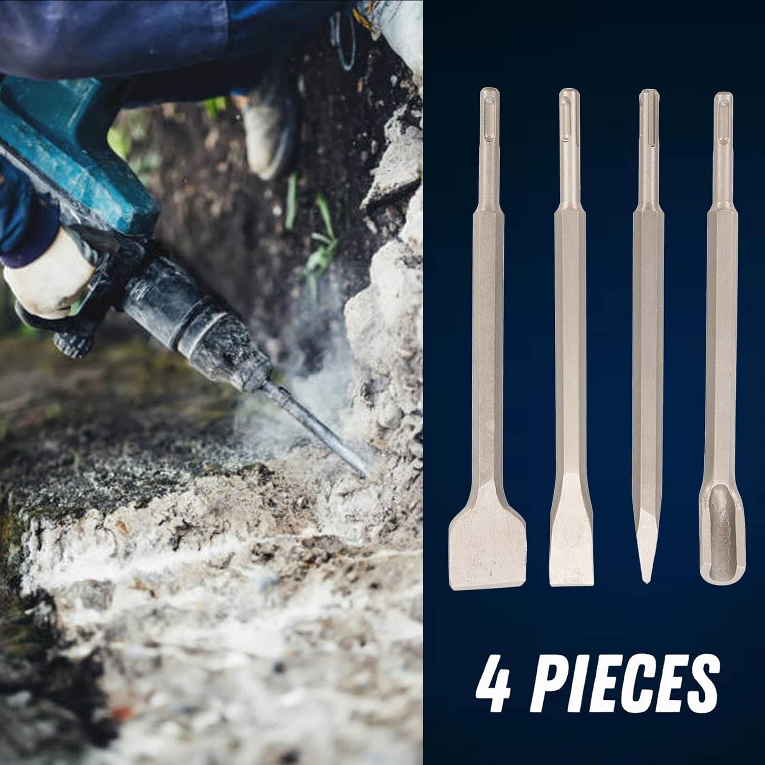 Dapetz 4Pc SDS Plus Chisel Set Flat Point Groove Gouge Drill Hammer Drills