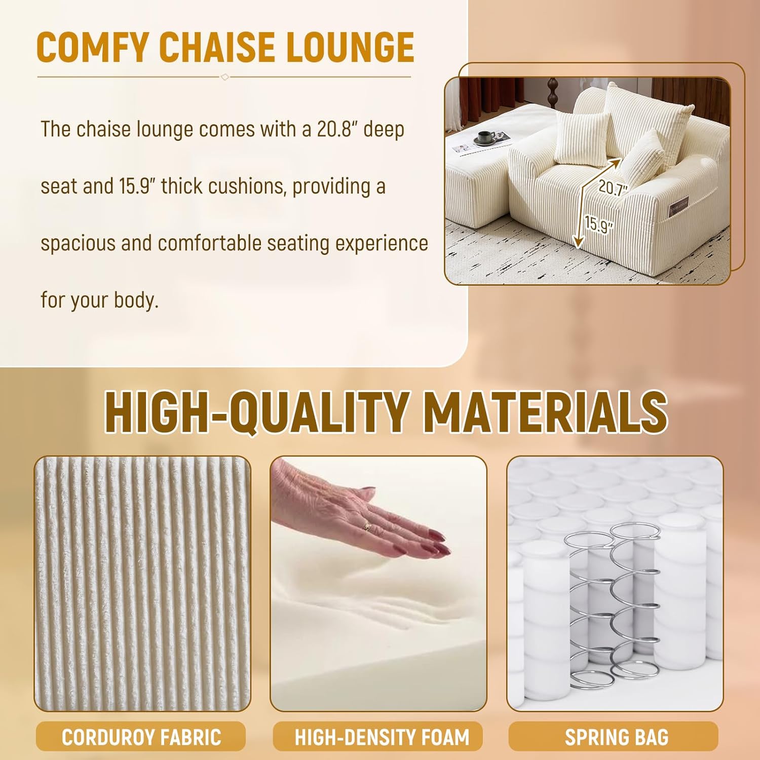 Oversized Chaise Lounge Chair Indoor with Ottoman and Side Pockets, 45.6'' W Comfy Corduroy Sleeper Chair with 3 Pillows, Boneless Couch Upholstered Reading Armchair for Living Room (Beige)