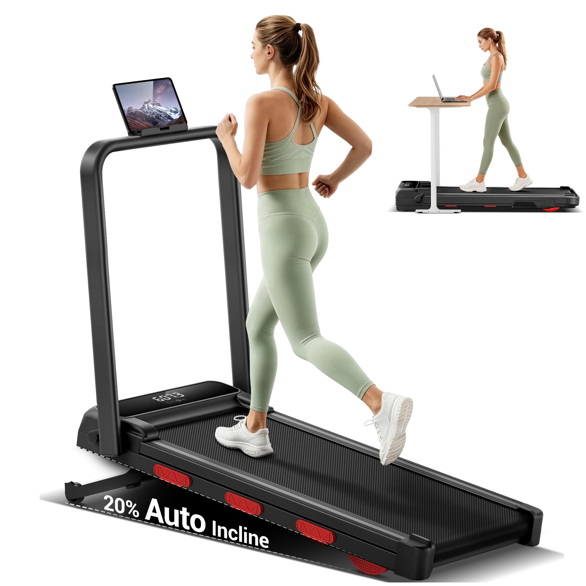 LONTEK Składana Bieżnia do Domu z Automatycznym Nachyleniem 20% | 1-12 km/h Kompaktowa Bieżnia z poręczami,Treadmill home Cichy Silnik 3,0 KM i Wyświetlacz LED,Maks. obciążenie 159 kg