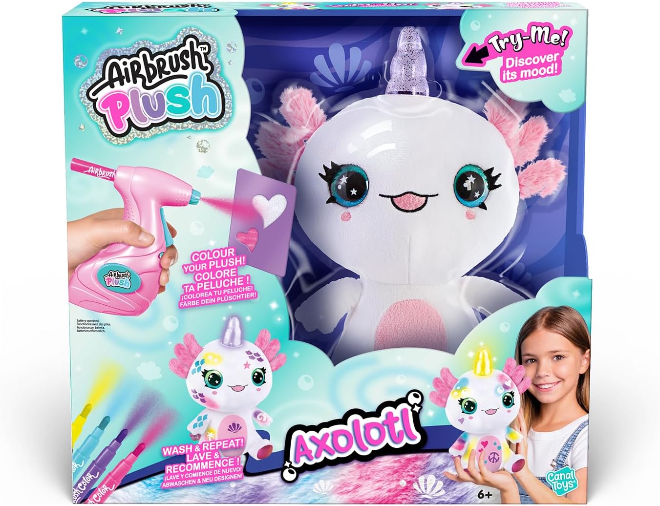 Canal Toys Airbrush Plush Light-Up Axolotl, Decorate Your own Plush, wash Off & Repeat!, Light up Magic Horn, Lights up to Show The Axalotls Feelings, Jam Packed, Fun Filled Gift for Ages 6+