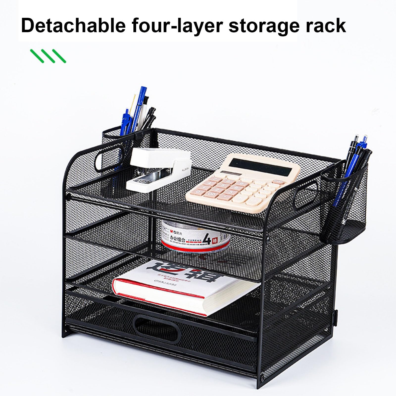 Organizer da scrivania multifunzionale, organizer per lettere a 4 livelli con cassetto scorrevole e 2 portapenne