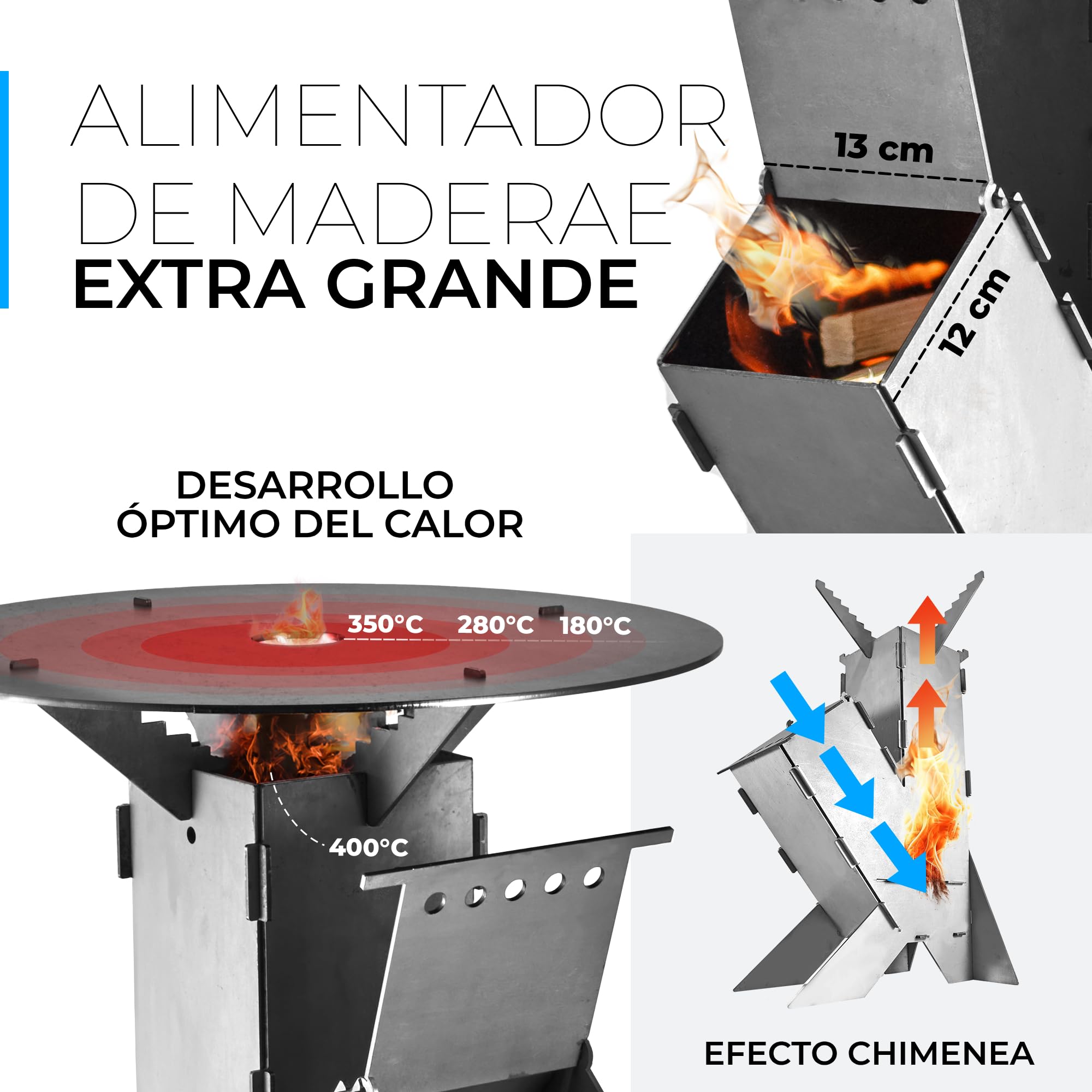 GRAFT Estufa cohete incl. parrilla Acoplamiento Rocket Stove acero 3 mm grosor | cuenco fuego | horno pellets | horno leña | cocina camping | parrilla camping | cocina leña