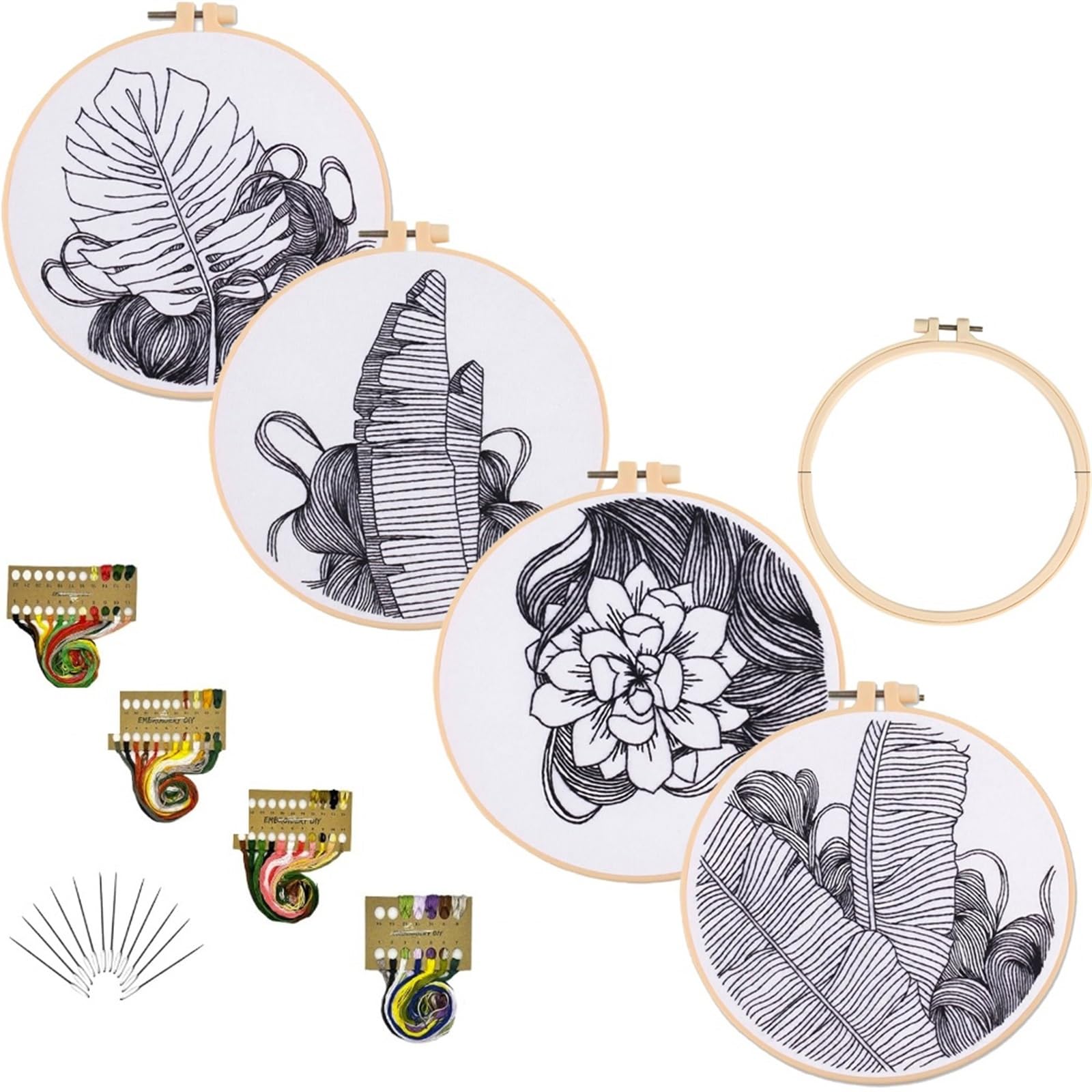 Kit de Bordado Kit de 4 juegos de bordado de arte lineal, kit de punto de cruz, kit de manualidades for bricolaje, accesorios de bordado, kit de bordado a mano, kit de costura(4pcs with 1 hoop)