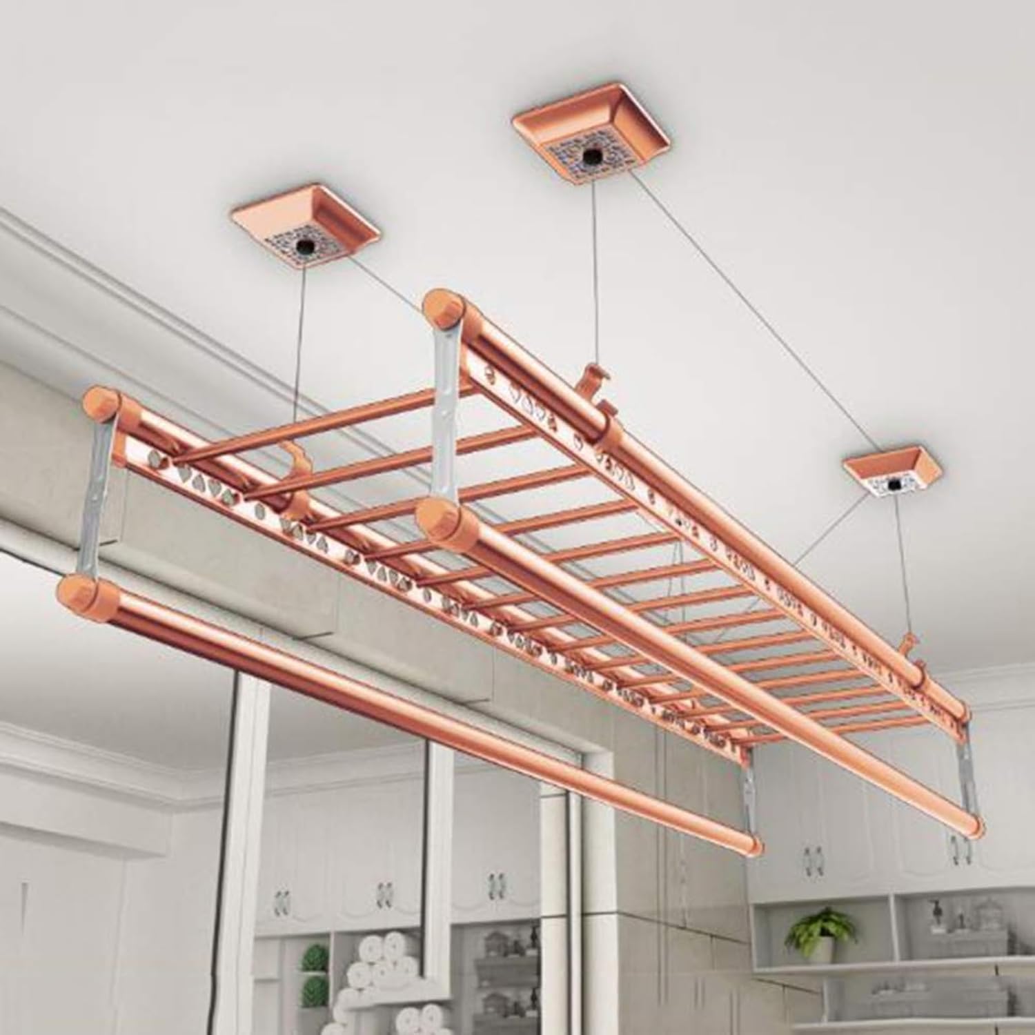 Foldable Space-Saving Clothes Rack Floor-Standing Clothes Rack Tripod Portable Rotating Clothes Rack，Ceiling Clothes Drying Rack - 4-Bar Pulley System for Balcony, Space-Saving Laundry Solut