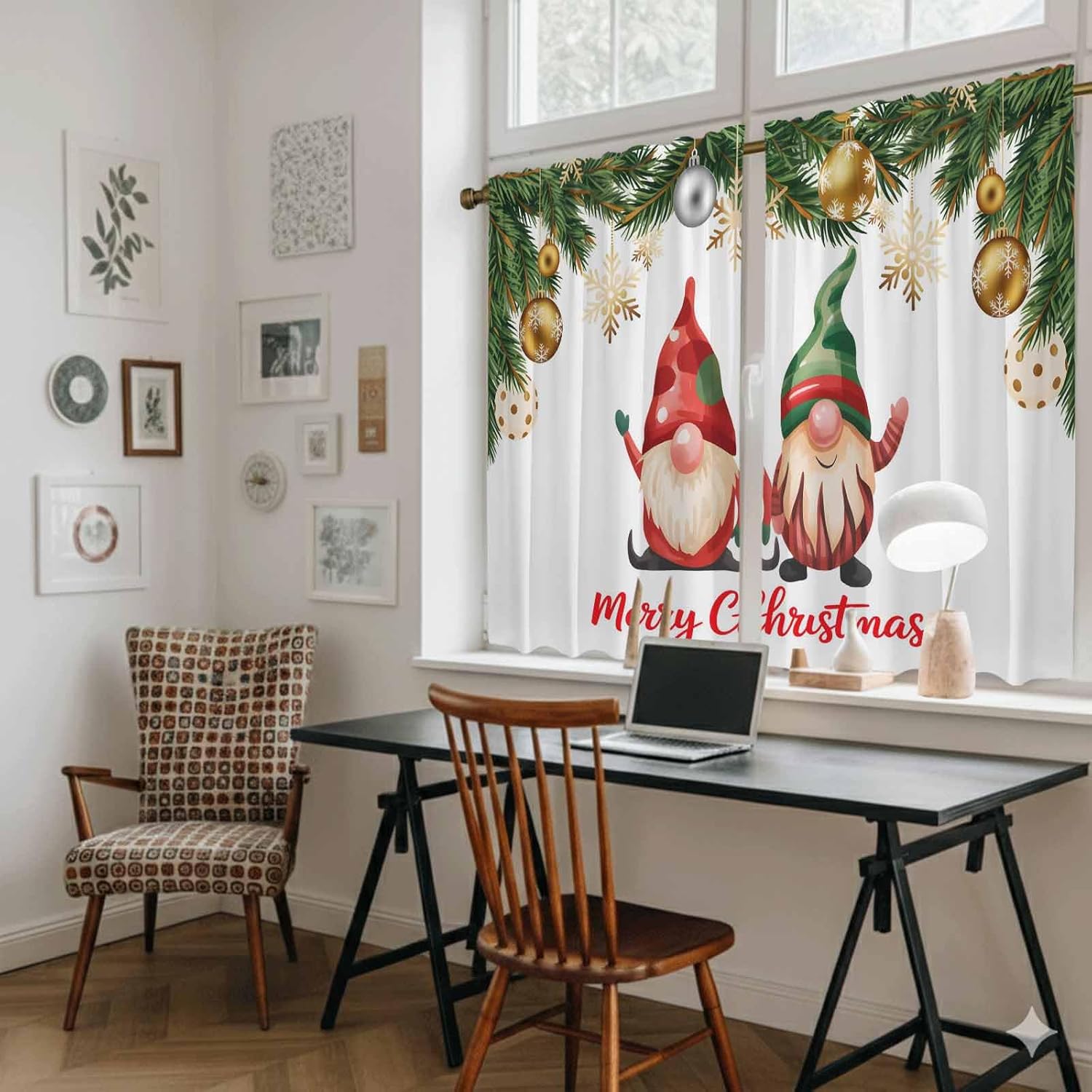 Christmas Gnomes Kitchen Tier Curtains 45 Inch Long 2 Panel Set,Rod Pocket Short Window Treatment,Xmas Winter Pine Snowflakes Balls Curtains & Drapes for Bathroom Basement 27.5"W x 45"L