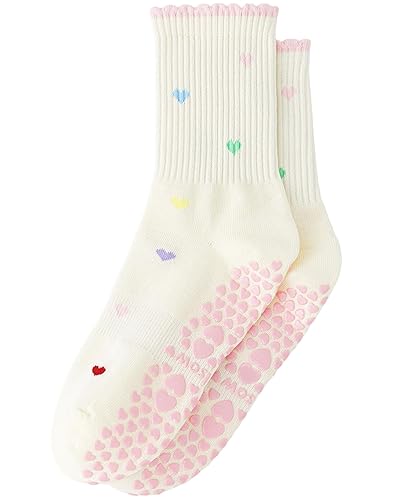 Yawlsow Pilates Grip Socks for Women Yoga Grippy Socks Cute Barre Non Skid Athletic Crew Sticky Sock Workout Hospital - One Size - 1 Pack-pink-mini Heart