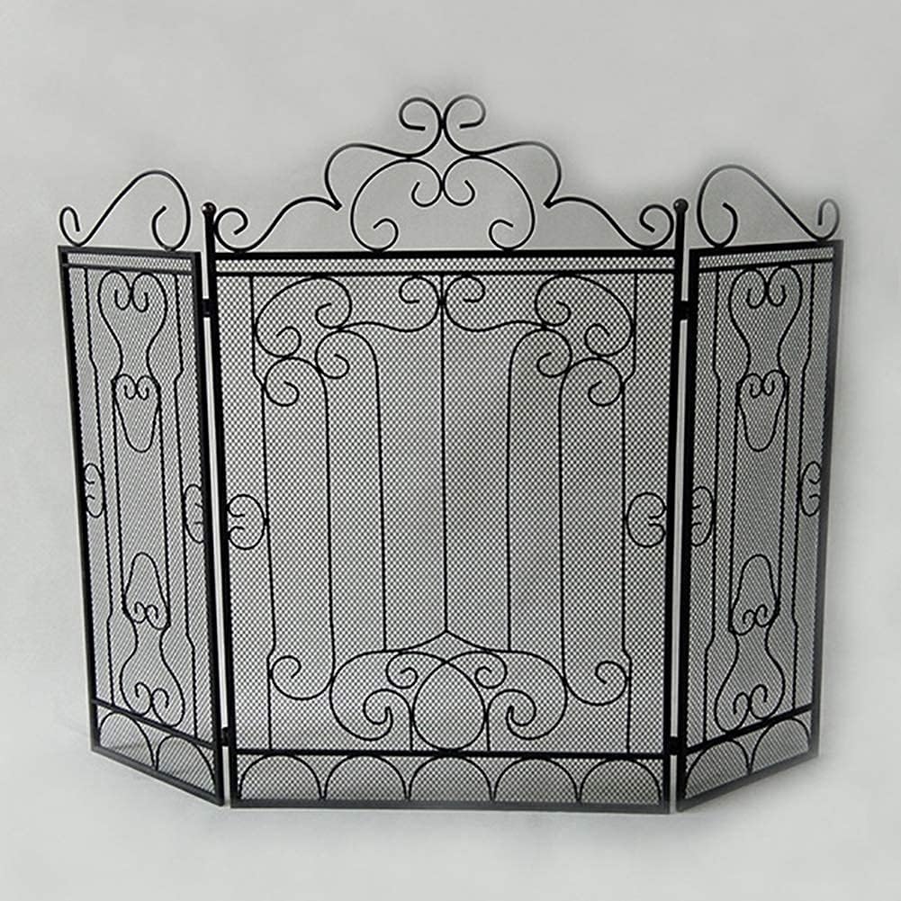 Fireplace Screen Guard, FireplaceProtection 3 Panel Fire Screen Foldable Decorative， Vintage Iron Baby Safeguard Cover for Fire Place/Wood Burner， 50×35inch (Color : Black)