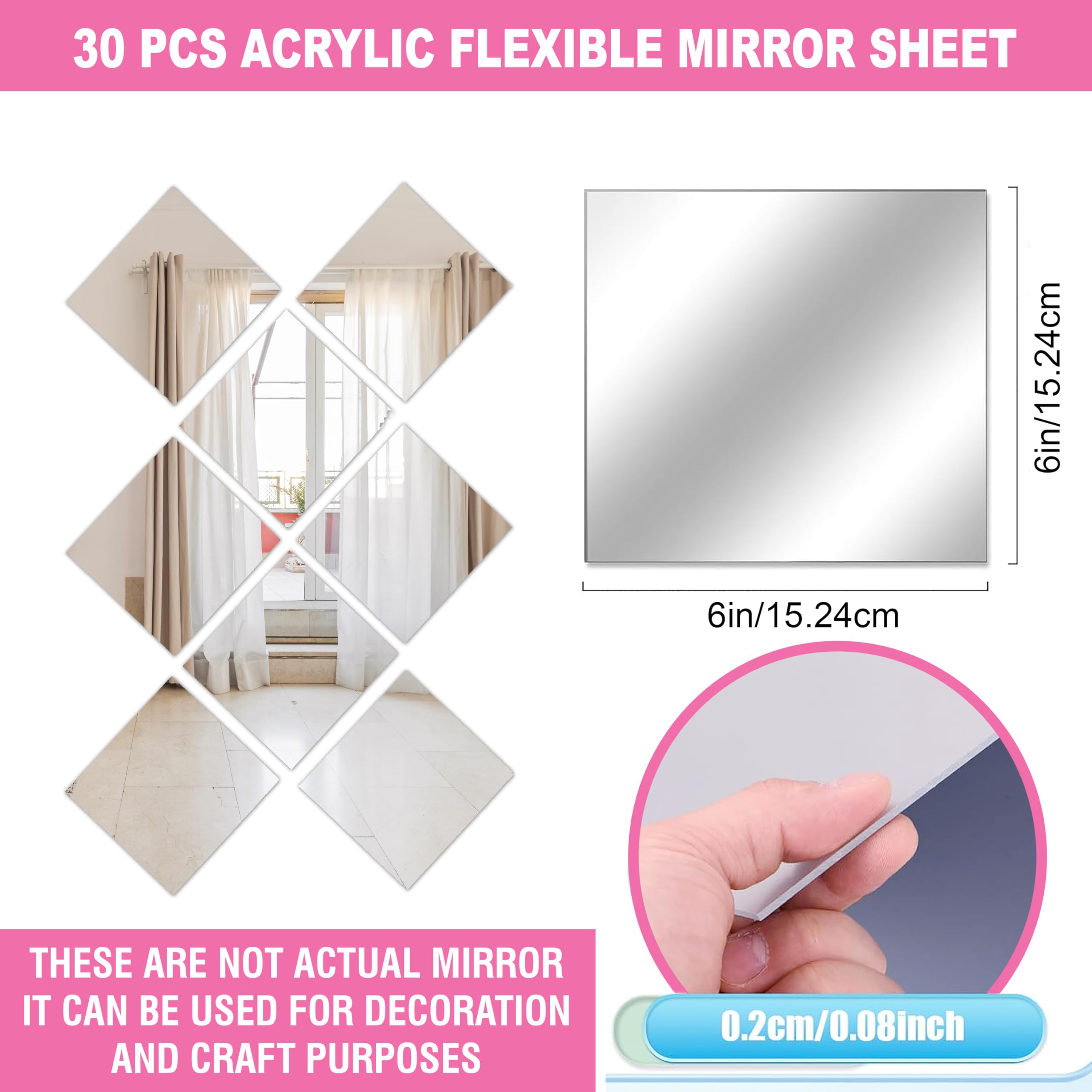 Goelite 30 Big Square Acrylic Mirror Stickers for Wall Decoration | Acrylic Stickers Wall Mirror,Wall Stickers for Bedroom, Hall, Home Offices (Silver, 6 Inch) 2