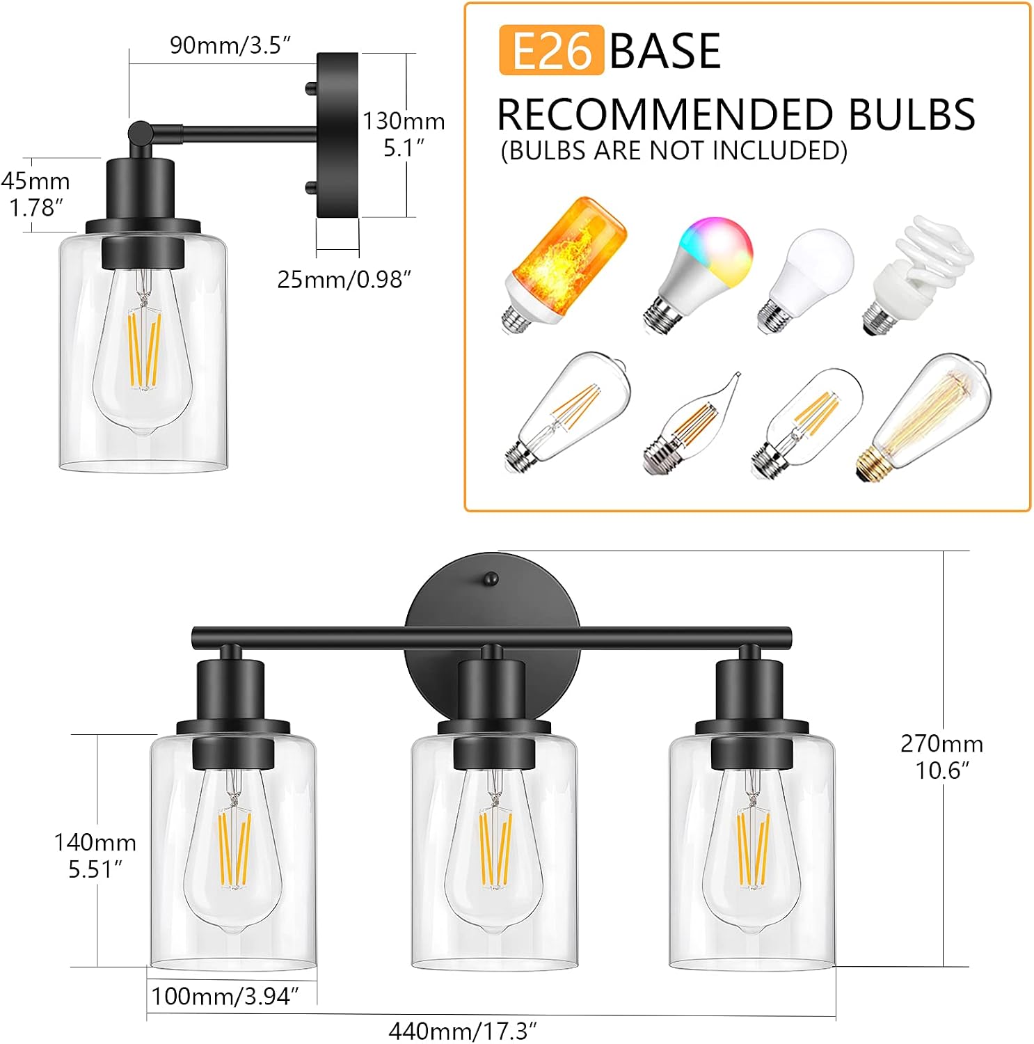 Bathroom Vanity Light Fixtures, 3 Lights Modern Wall Sconce Lighting Matte Black, Farmhouse Metal Wall Lamp with Glass Shade, Porch Wall Mount Light Fixture for Mirror Bedroom Kitchen Hallway Stairs