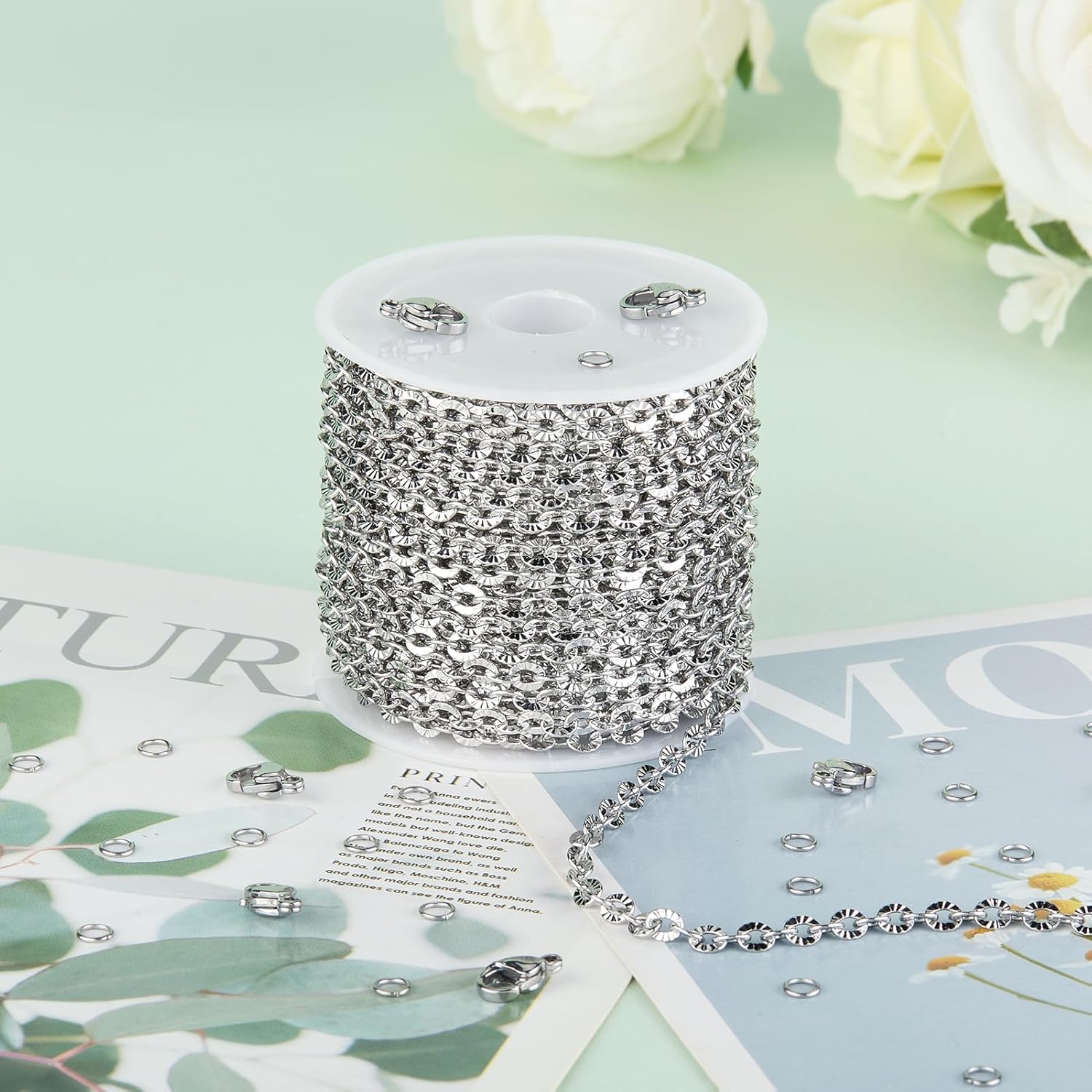 KYUNHOO 5 Meters Flat Circle Chain Roll Silver Jewelry Chains for Making Jewelry Stainless Steel Chain Bulk Thin Cable Chains Sunflower Texture Chain for Crafts Making - Image 5