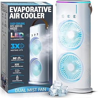 Portable Mini Air Cooler Fan for Room | Cooling Fan with 7-Color LED Light, 3 Wind Speeds, 3 Spray Modes & 1/2/3H Timer | Compact AC Cooler Fan for Home, Office, Dorm & Travel (White Double Fan)
