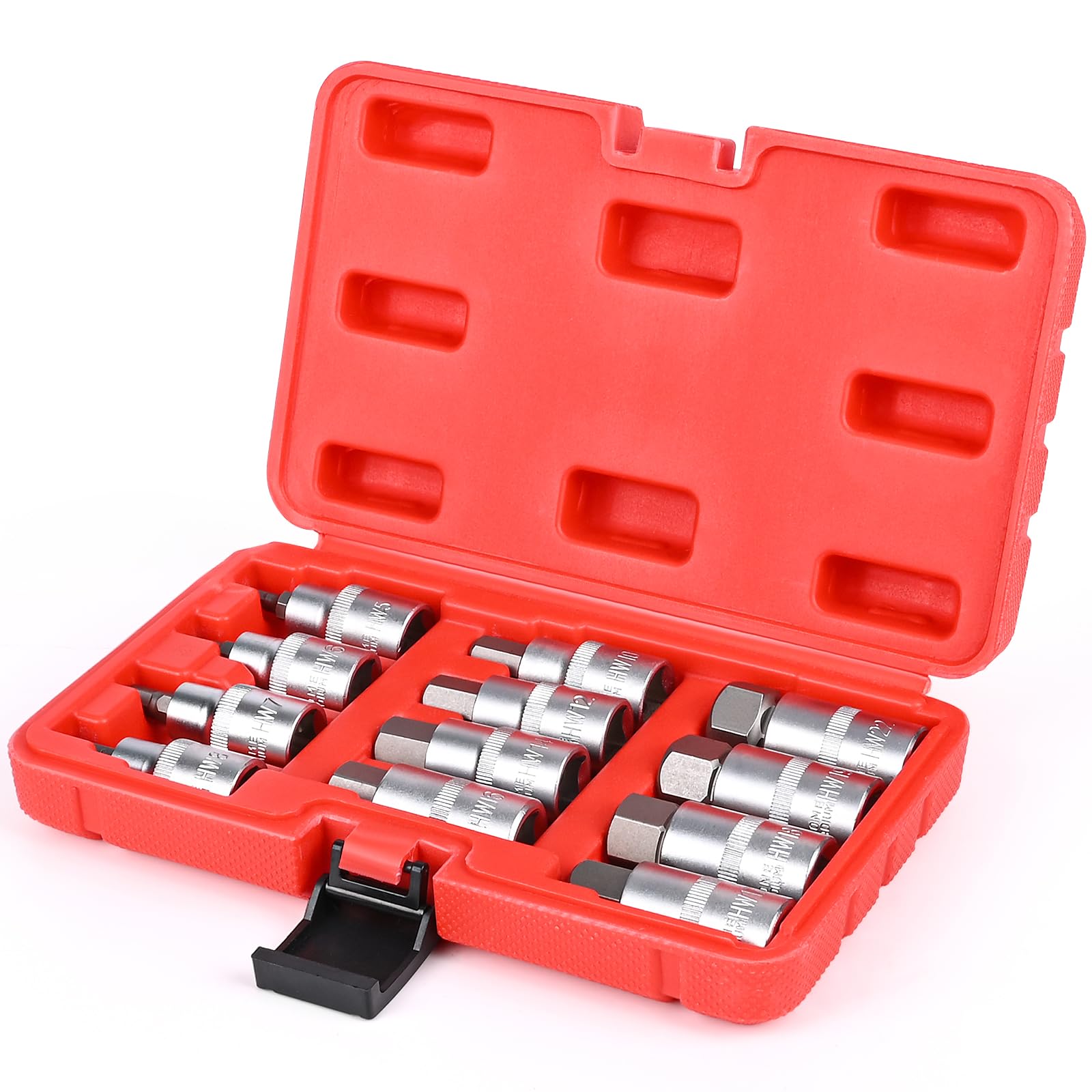 12 Piezas Juego de llaves de Vaso, 1/2» Vasos Hexagonales, Juego de Vasos Hexagonales, Aceros para Herramientas de 5-22mm con Maletín Portátil, Anticorrosión para Uso Industrial y en Automoción (Rojo)