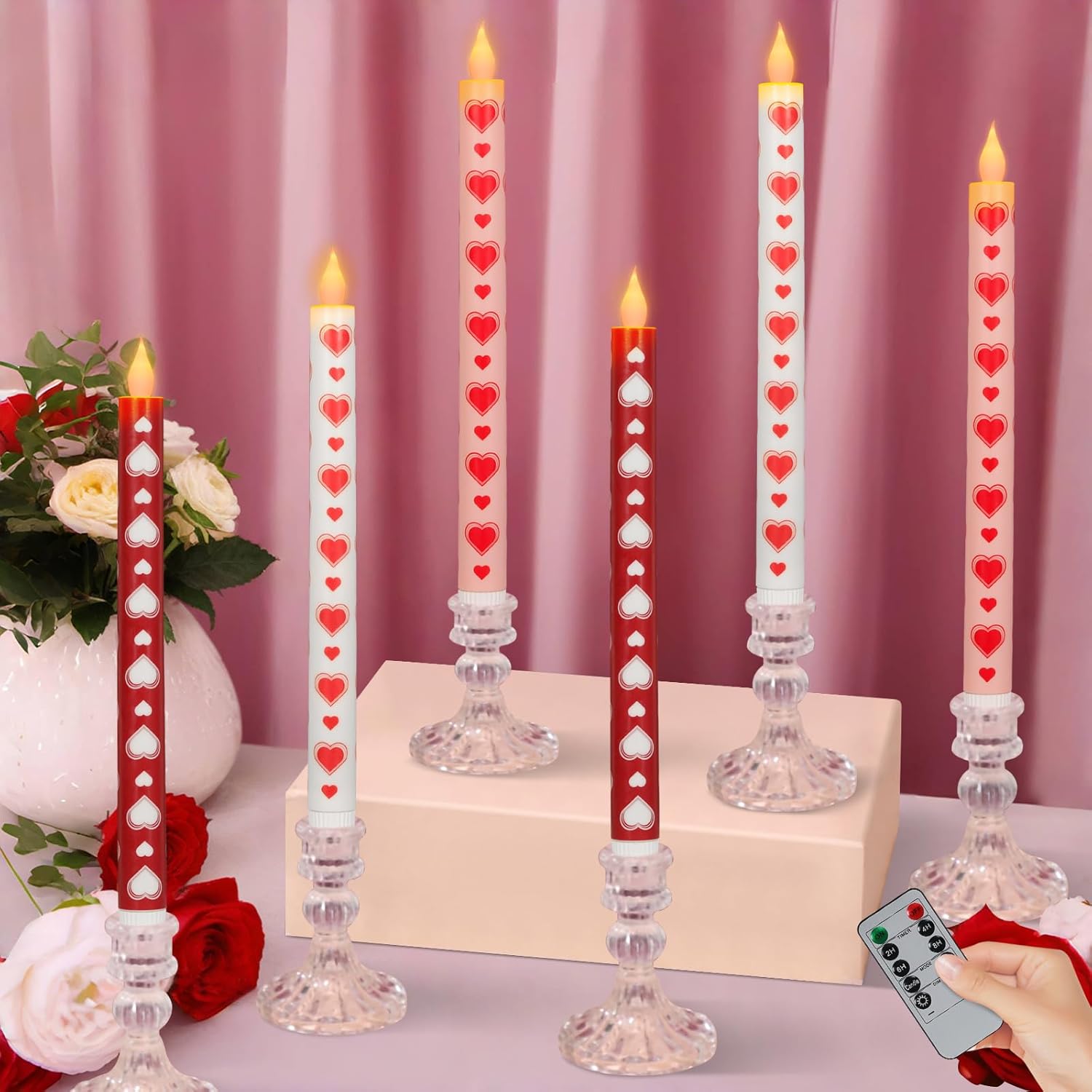 6PCS Valentine's Day Flameless Taper Candle - 10.63" Heart Love Candle with Remote,Pink Red Battery Operated LED Candlesticks,Valentines Candles Gifts for Wedding Anniversary Romantic Night Decor