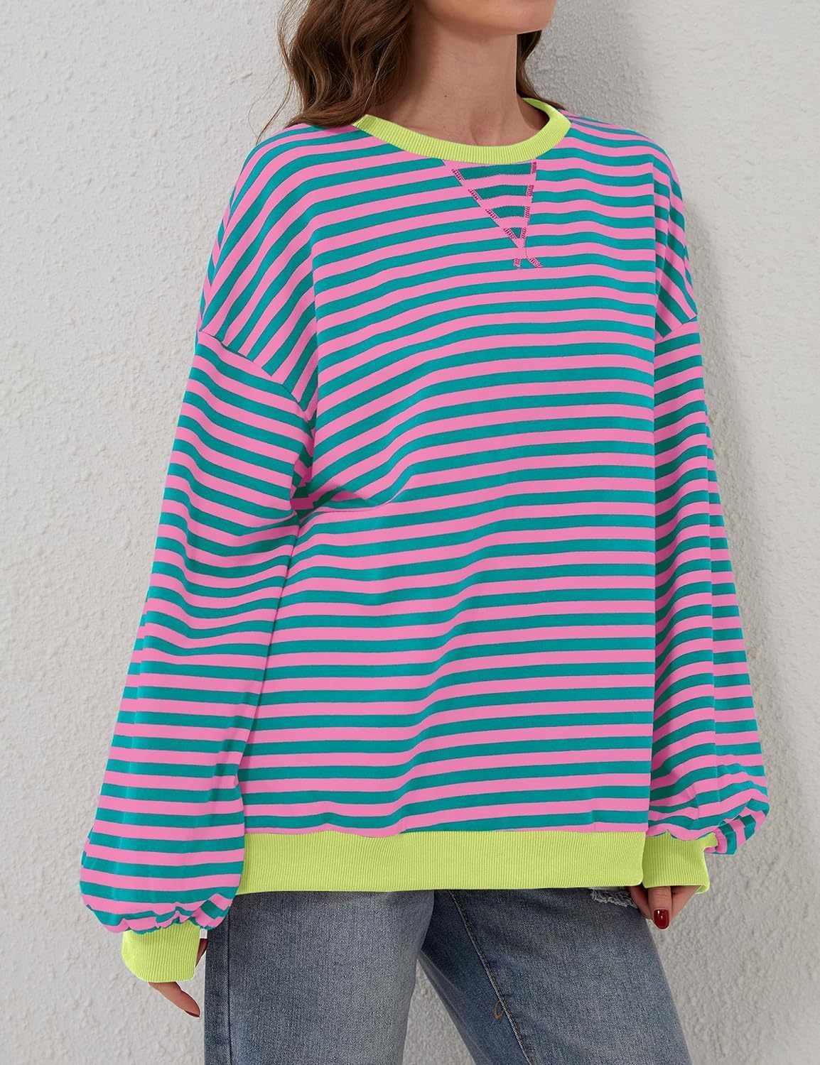 Womens Oversized Striped Sweatshirt Color Block Long Sleeve Shirt Crewneck Pullover Striped Sweater Y2k Clothes - Image 4