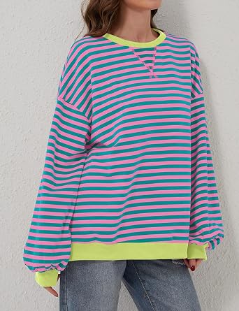 Womens Oversized Striped Sweatshirt Color Block Long Sleeve Shirt Crewneck Pullover Striped Sweater Y2k Clothes