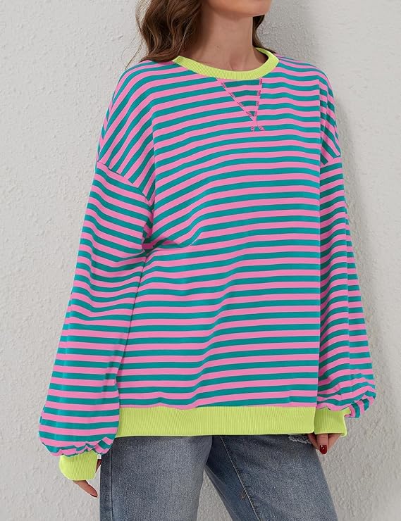 Womens Oversized Striped Sweatshirt Color Block Long Sleeve Shirt Crewneck Pullover Striped Sweater Y2k Clothes