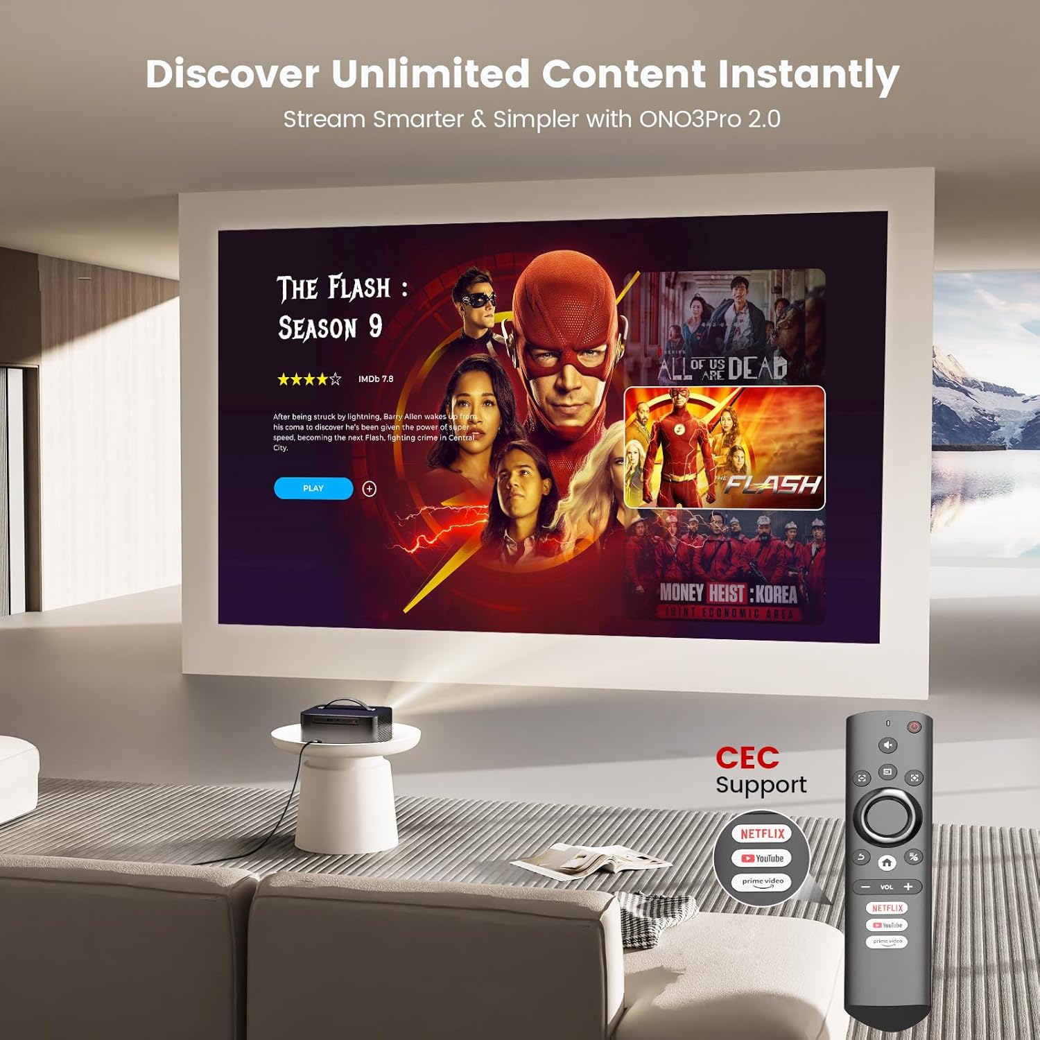 Projector-4K with WiFi and Bluetooth:[2000 ANSI/AI Auto Focus/Built-in APPs]Outdoor-Projector Smart TV OS 2.0 & DoIby, Portable Proyector Compatible with Netflix/YouTube/PrimeVideo, ONOAYO ONO3Pro 2.0 - Image 2