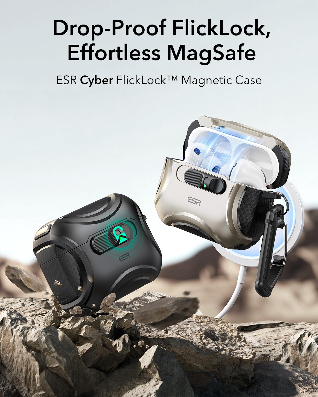 ESR Custodia per AirPods Pro 3 (2025), Compatibile con Airpods Pro di 3a Generazione (cavo USB-C), MagSafe facile, Chiusura antiurto, Facile da aprire, Serie Cyber, Nero