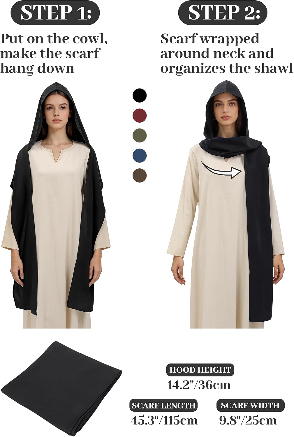 Medieval Hooded Cape Scarf Womens Men Renaissance Rogue Hooded Cowl Shawl Linen Blend