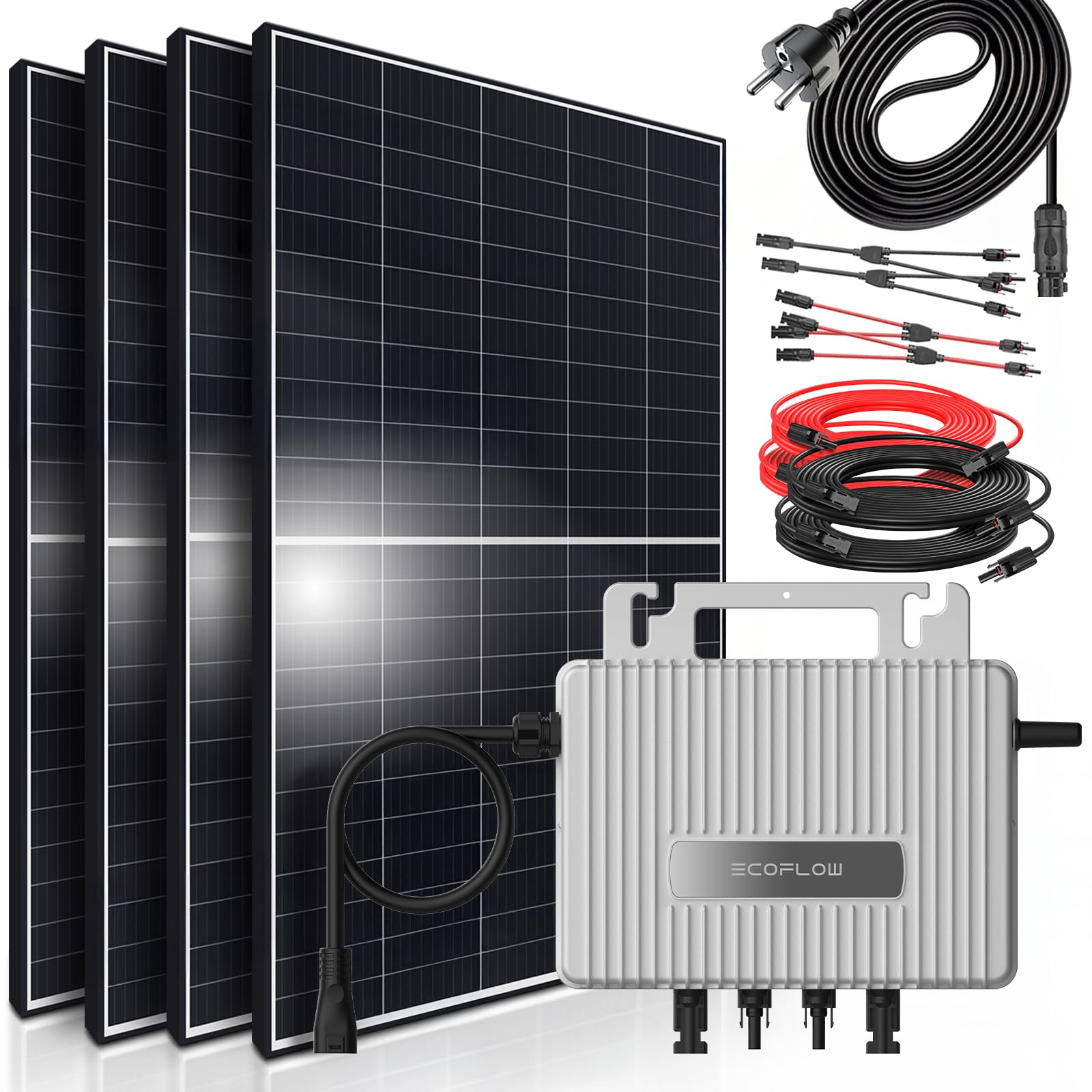 SUNNIVA® 1800W Balkonkraftwerk 800W komplett Steckdose - Ecoflow Stream 800W Wechselrichter - PV Solaranlage Komplettset - 4x 450W (1800W) Solarmodule - inkl. 5m Kabel - Bluetooth, WIFI