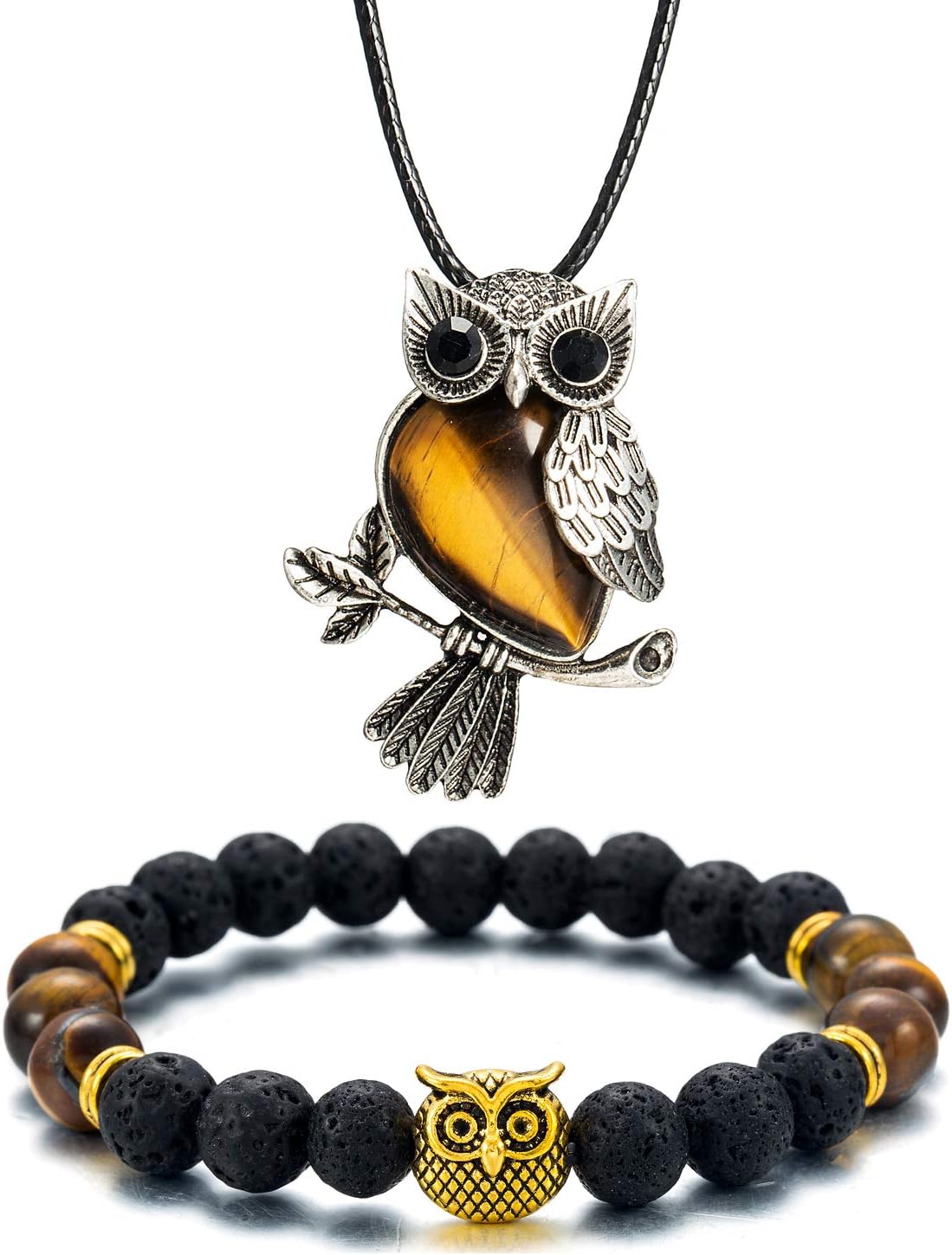 Owl Necklace Healing Crystals Necklace for Women Men Reiki Spiritual Energy Gemstone Necklace Lava Owl Bracelet Set Gifts for Women with Gift Box