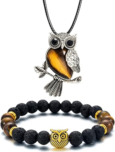 Softones Collar de búho, collar de cristales curativos para mujeres y hombres, collar de piedras preciosas de energía espiritual de reiki, juego de
