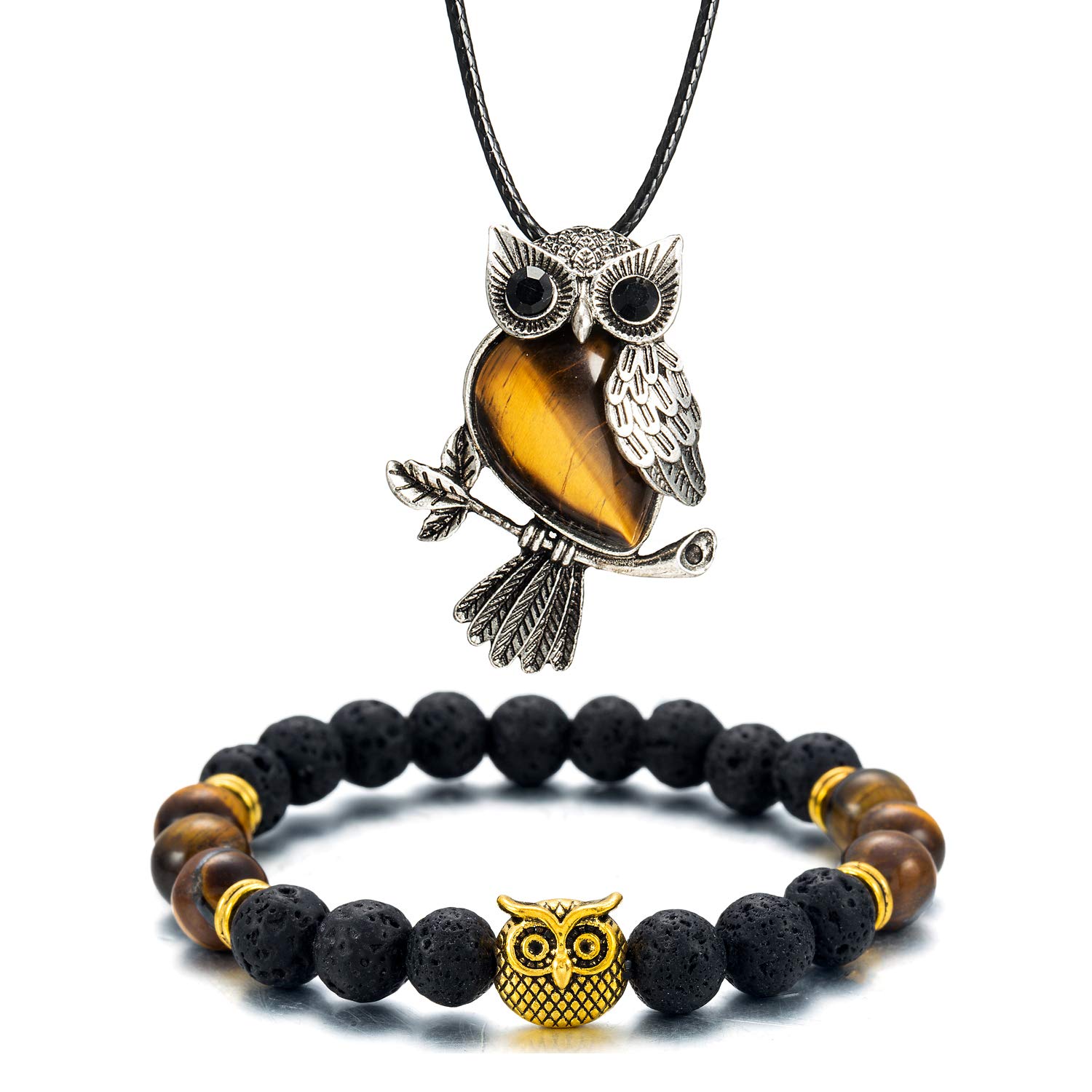 Owl Necklace Healing Crystals Necklace for Women Men Reiki Spiritual Energy Gemstone Necklace Lava Owl Bracelet Set Gifts for Women with Gift Box