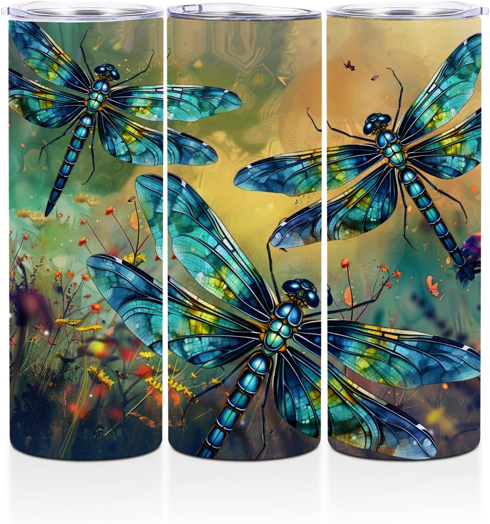 Coffee Tumbler, 20 oz Tumbler, Insulated Coffee Mug with Lid, Skinny Stainless Steel Thermal Cup, Slim Vacuum Water Bottle Travel Mug, Christmas Birthday Dragonfly Gifts for Women Men Girls Sister