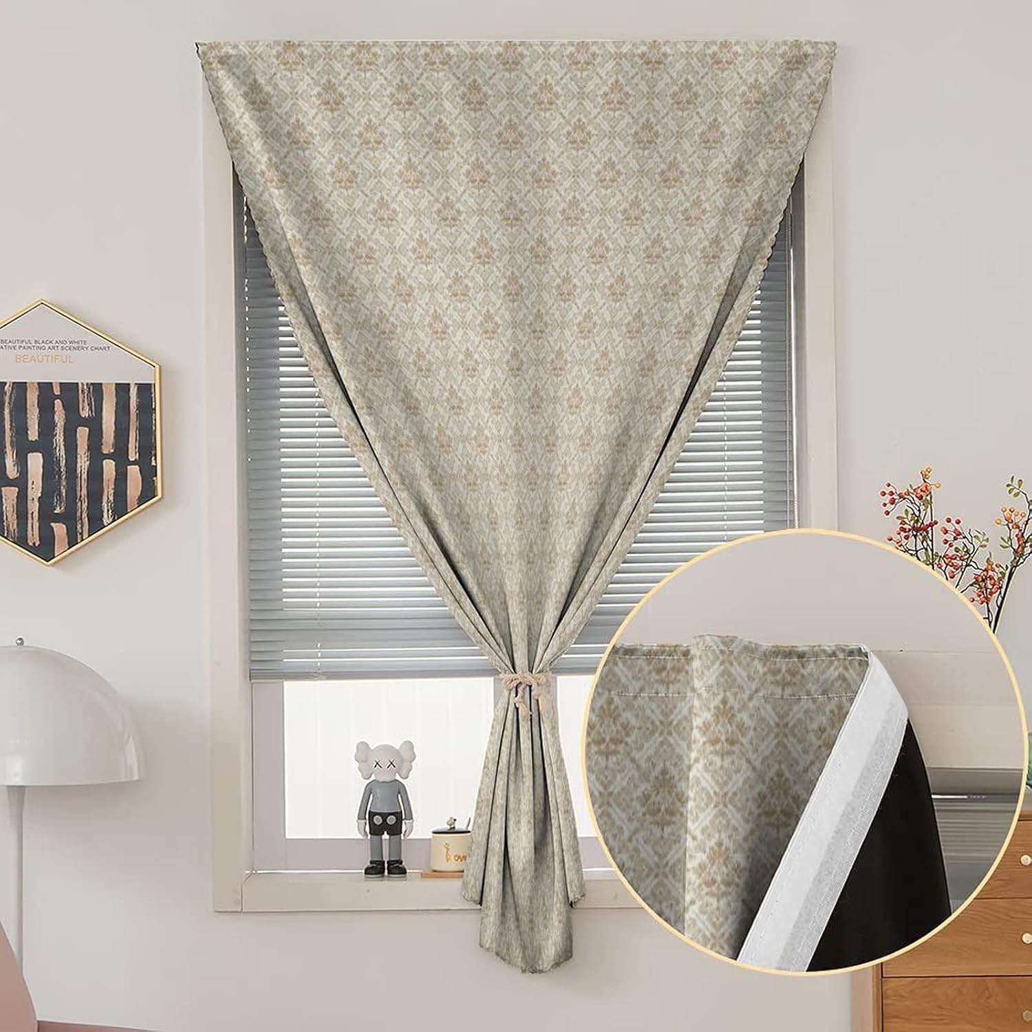 Self Adhesive Portable Blackout Curtains, Damask Room Darkening Curtains, Ornamental Squares Lines Print Temporary Blackout Blinds,59W x72L Inch, for Nursery,Children Kids Bedroom or Travel Use