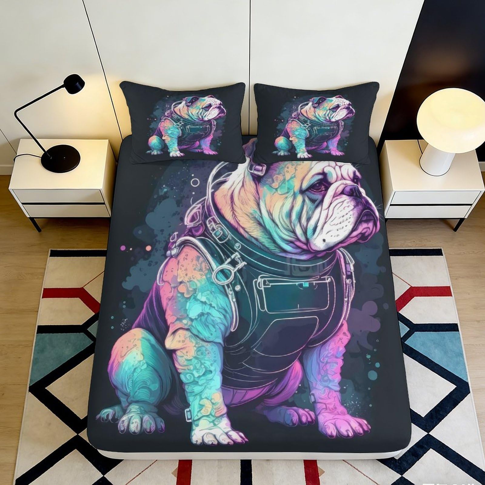 3D Printed Colorful Bulldog Fitted Sheet Microfiber Soft Artistic Dog Bed Cover for Bedroom Dorm Mattress Decor 90x200x25cm