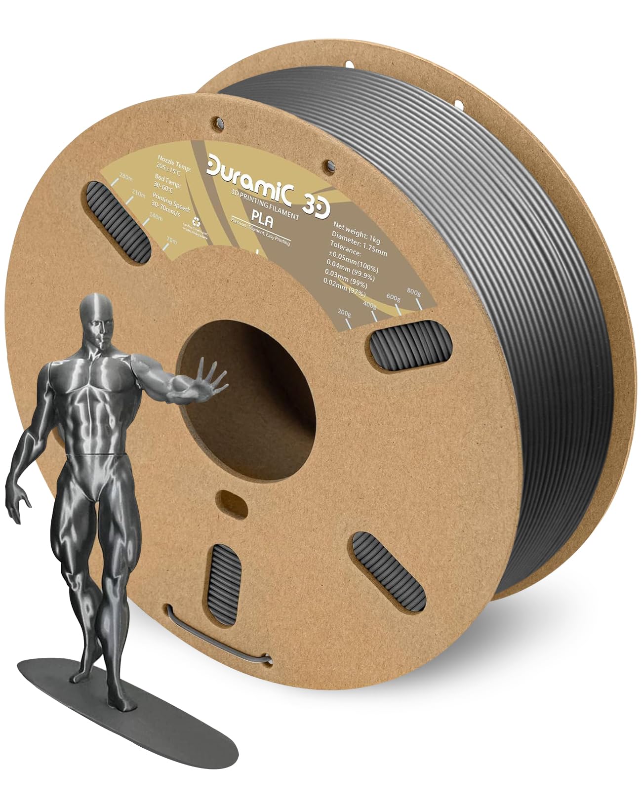 DURAMIC 3D PLA Filament 1.75mm 1kg Spool, Jam-Free High Stifness 3D Printing Filament with Cardboard Spool, No-Tangling No-Clogging Dimensional