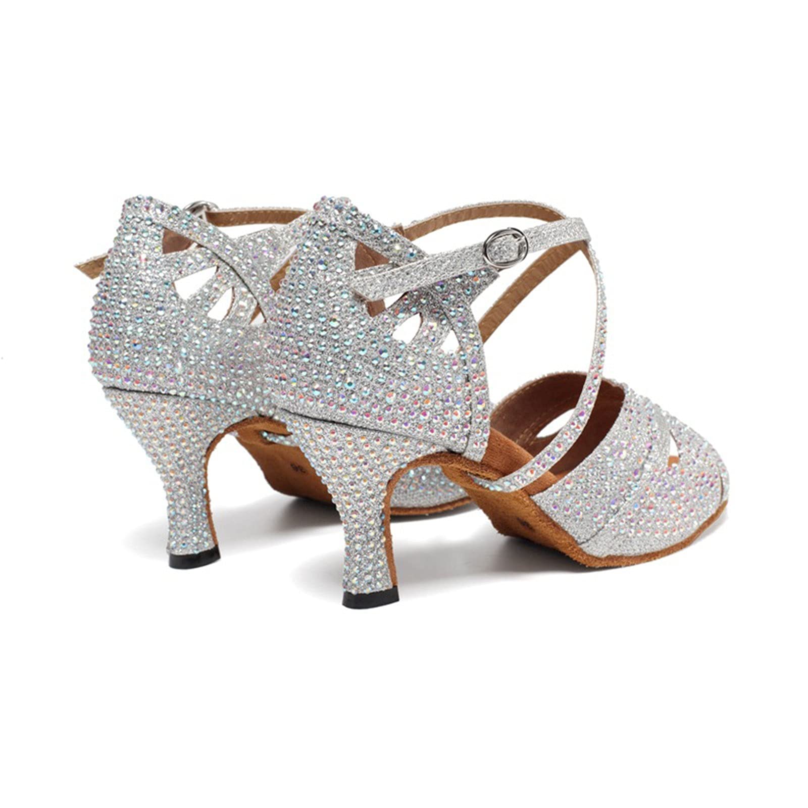 Wygwlg Scarpe da Ballo Latino Americano da Donna, Scarpe da Ballo da Sala da Ballo con Strass Glitterate, Scarpe da Ballo per Salsa (Color : Khaki 7.5cm, Size : 41 EU)