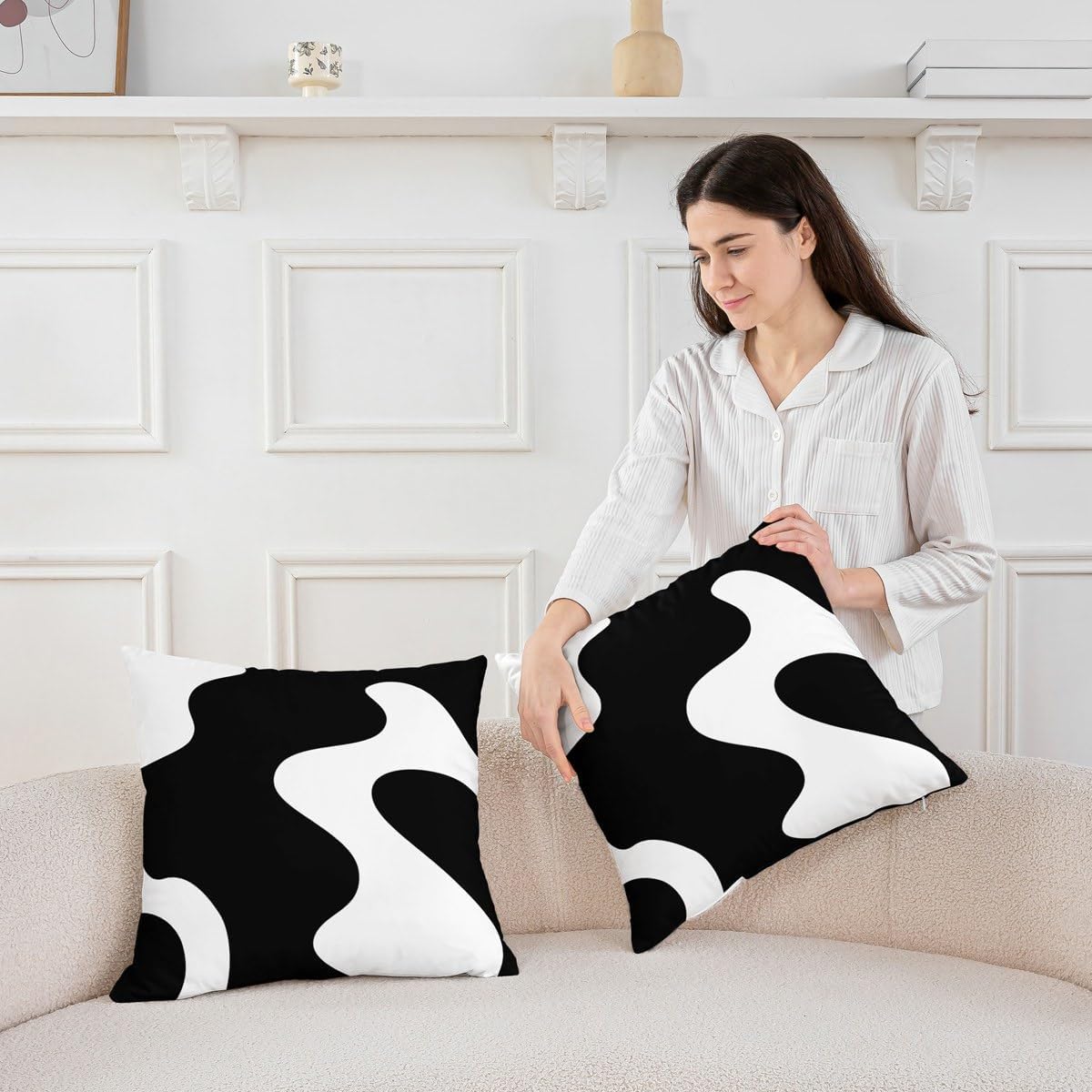 Erosebridal Pack of 2 White and Black Abstract Throw Pillow Covers Boho Geometric Striped Pillow Covers Minimalist Modern Art Cushion Cases Simple Aesthetic Modern Decor,24x24 Inch