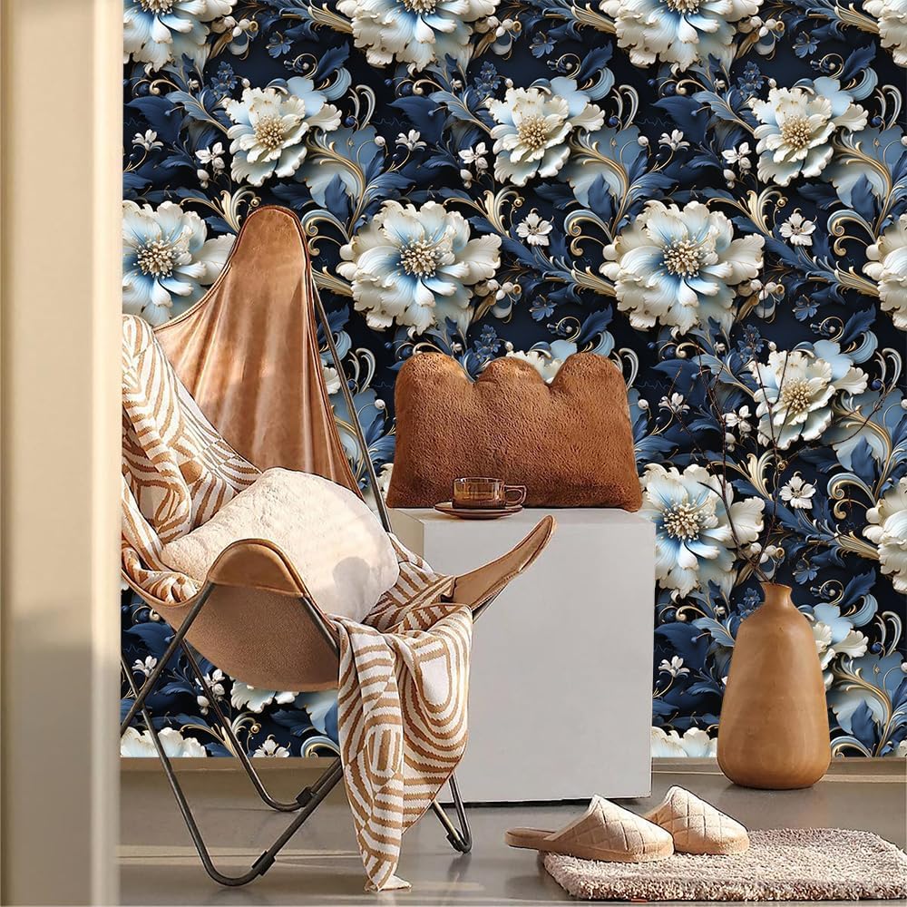 Dark Navy Blue White Peony Floral Vintage Peel and Stick Wallpaper Contact Paper Vinyl Stick on Wall Paper for Bedroom Bathroom Kitchen Cabinet Renter Friendly