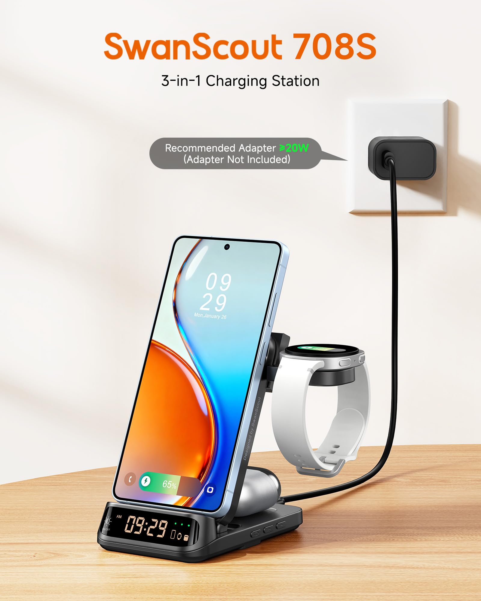 SwanScout Induktive Ladestation für Samsung Galaxy S26 Ultra/S26+/S26/S25/S24/S23/S22/S21, für Galaxy Watch Ultra/8/8 Classic/Ultra/7/6/5/4, für Galaxy Buds4 Pro, SwanScout 708S (Ohne Adapter) | für Galaxy S26 Ultra/S26+/S25/S24/S23/S22/S21, Galaxy Watch
