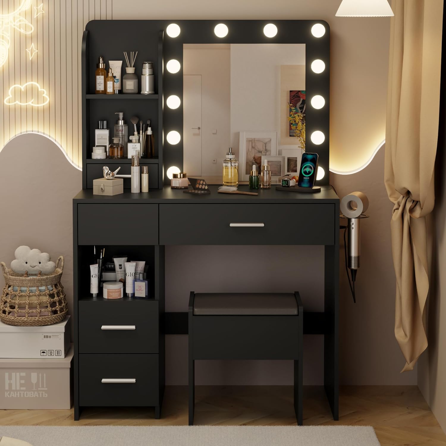 Vanity Desk with LED Lighted Mirror&Power Outlet, 3 Lighting Colors Makeup Vanity Desk with 5 Large Drawers and 3 Storage Shelves, Black Vanity with Storage Stool for Bedroom