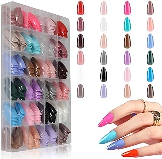 أطقم أظافر تركيب عن طريق الصغط - أظافر صناعية لامعة مستقيمة - تغطي الظفر بالكامل مع أطراف أكريليك – لتصاميم مانيكير وتزيين الأظافر للنساء والفتيات، 24 لون، 576 قطعة (شكل لوزي متوسط)