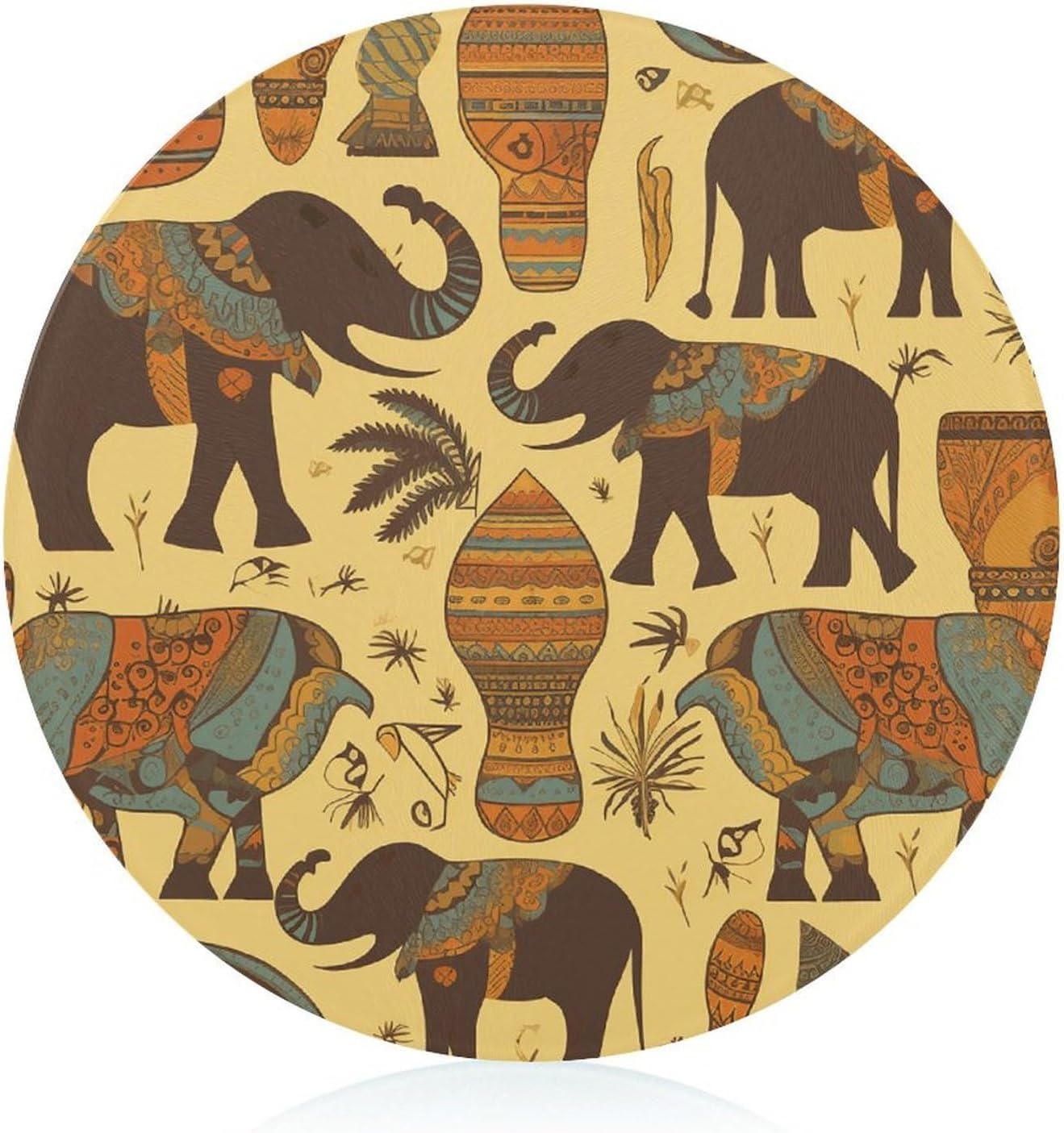 Africa Elephant Cutting Board Portable Small Chopping Boards Tempered Glass Kitchen Counter Protector Non-Slip Round Charcuterie Boards Mat for Bar Cheese Board