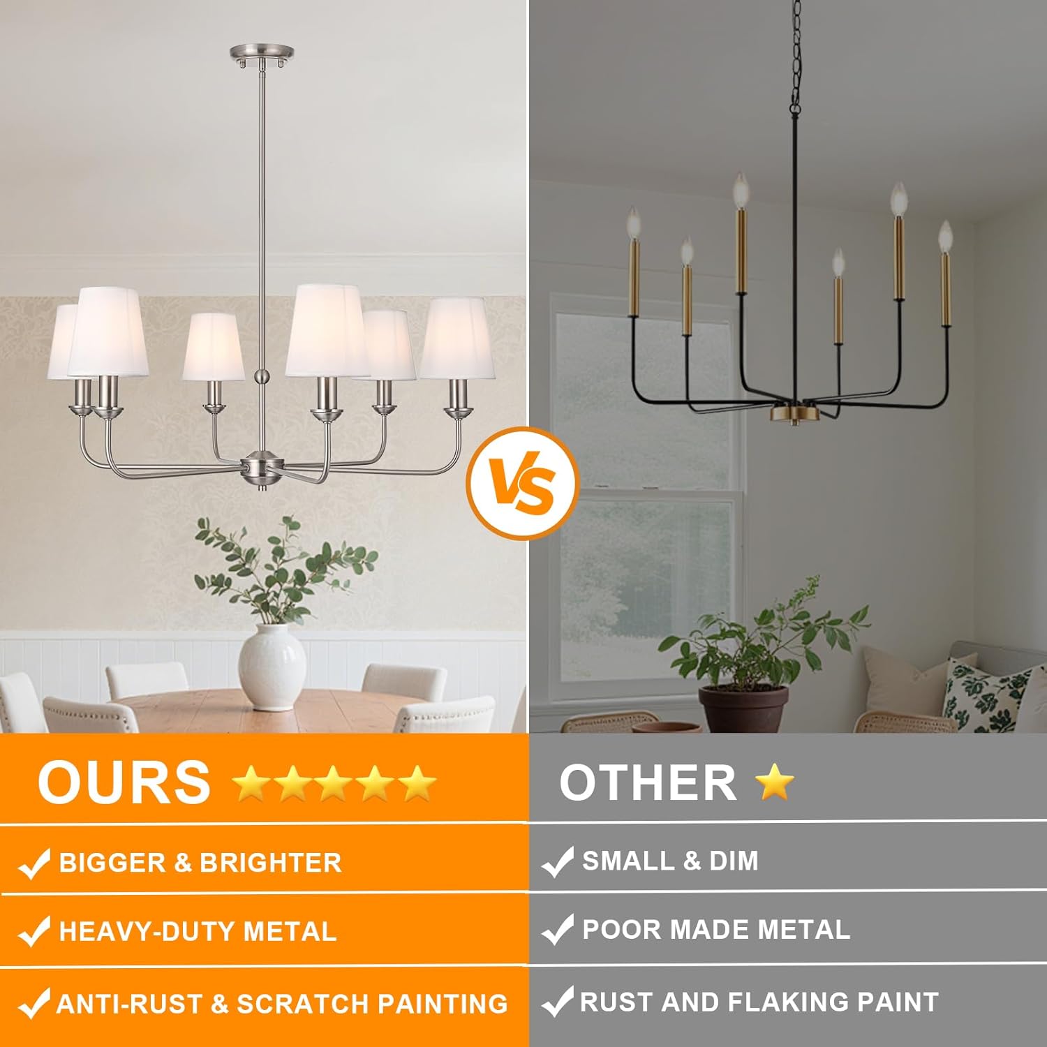 6-Light Brushed Nickel Chandelier for Dining Room, E12 Base Modern Dining Room Light Fixture with White Fabric Shades, Adjustable Swivel Head Farmhouse Chandelier Light for Kitchen & Living Room