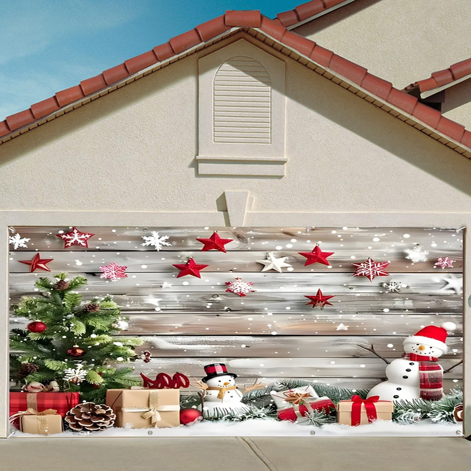 7x8ft Christmas Snowman Garage Door Decor Red Gifts Stars Xmas Trees White Snowflakes Wooden Plank Background Garage Door Cover for Family Holiday Photo Shoot Studio Props