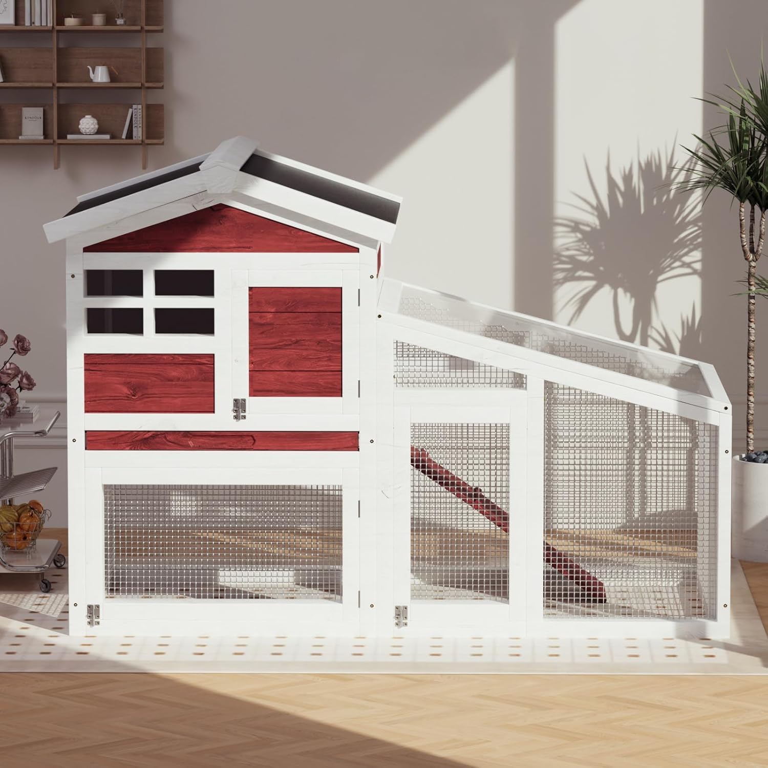 60 Inch Rabbit Hutch Outdoor, Large Wooden Chicken Coop with Run and Wire Fence, Weatherproof Bunny Cage with Anti-Chew Metal Frame Ramp for Backyard Small Animals, Rufous White