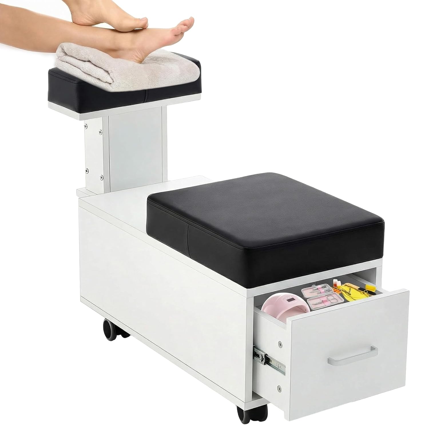 Geelin Pedicure Cart with Adjustable Foot Rest & Storage Drawer, Rolling Pedicure Stool with Wheels and Brake, PU Leather Foot Spa Trolley for Nail Salon, Spa, Beauty Studio & Home Use