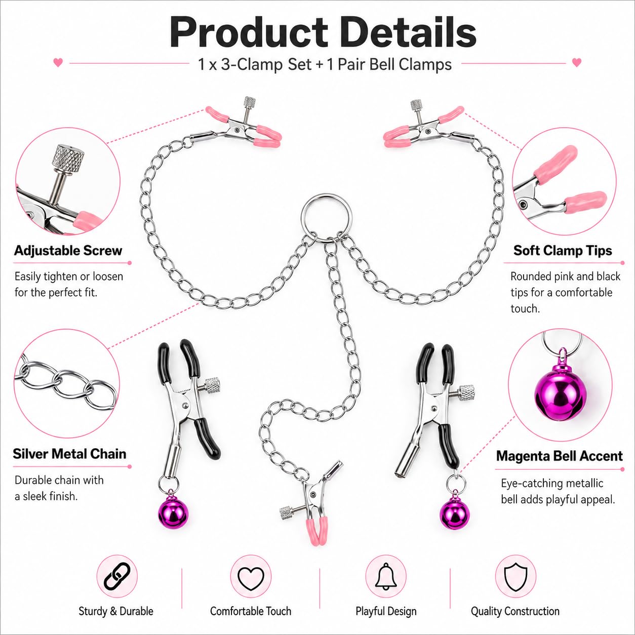 EBHO 1 Paio Pinze capezzoli, Stimolatore per clitoride, 2 pinze per Capezzoli + pinza per Clitoride, Rosa