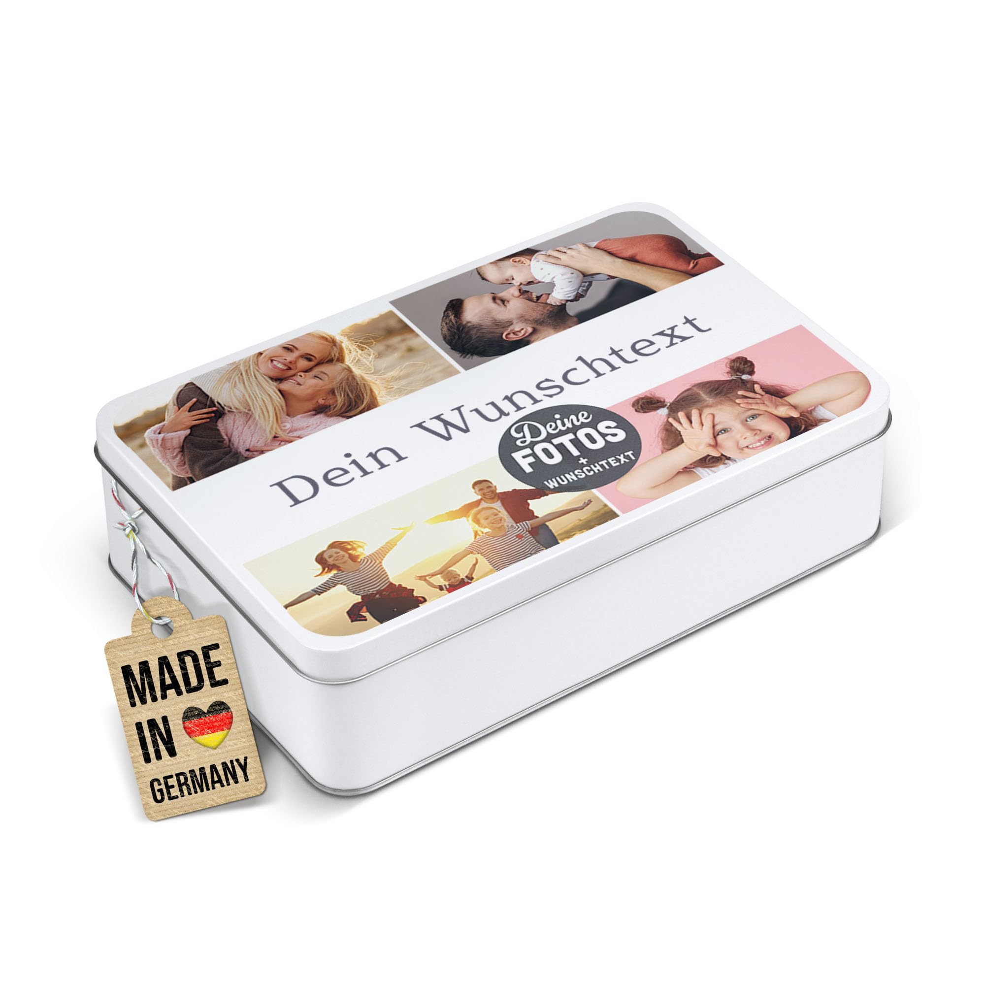 Print Royal PR Geschenkdose selbst gestalten mit 4 Fotos & Text - Blechdose bedrucken, Personalisierte Keksdose - Muttertagsgeschenk, Geburtstag, Weihnachten | Rechteckig weiß, 450 ml