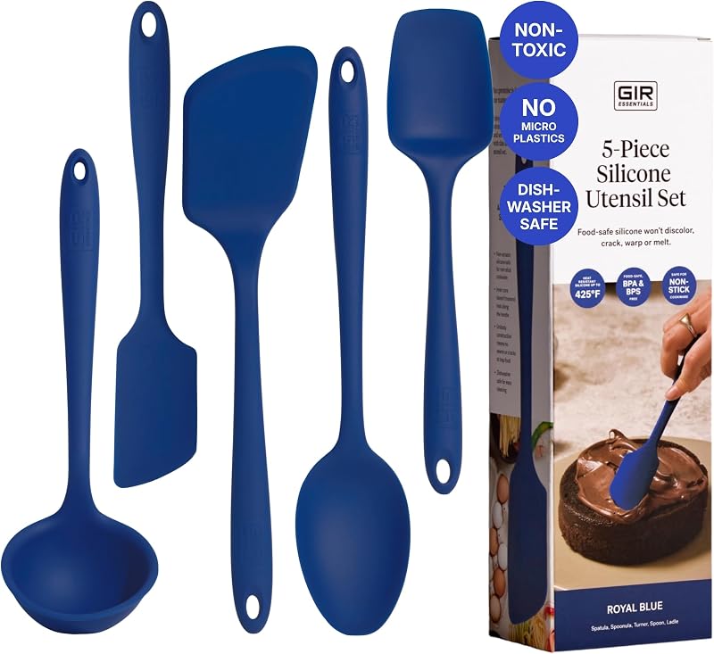 GIR Juego de utensilios de cocina de silicona de 5 piezas, utensilios de cocina no tóxicos para cocinar y hornear, resistentes al calor, grado alimenticio, espátula de goma, cucharón y cuchara aptos para lavavajillas - azul real