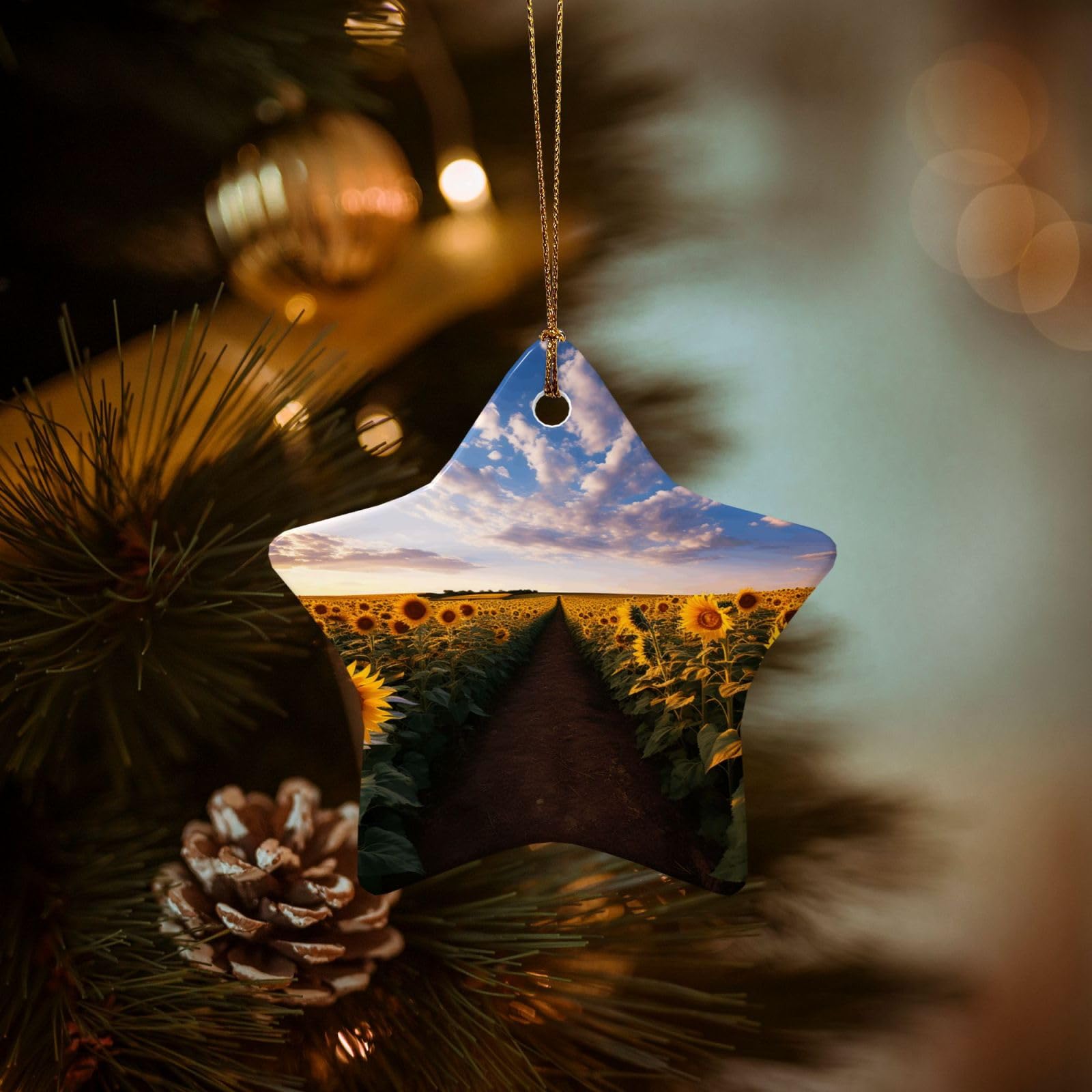 Christmas Tree Ornaments Ceramics Christmas Decorations Field of Blooming Sunflowers Ornaments with Gold Ribbon Porcelain Xmas Tree Crafts Star Shape Hanging Pendant for Christmas Tree Party Decor