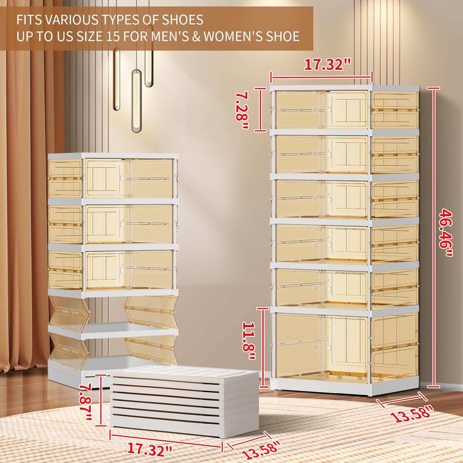CIMLORD 6-Tier Foldable Shoe Rack for Closet Entryway 6-12Pairs,Stackable Clear Shoe Storage Boxes Organizer with Door Plastic Small Shoe Cabinet Bins with Lids Narrow Shoe Shelf Easy Assembly